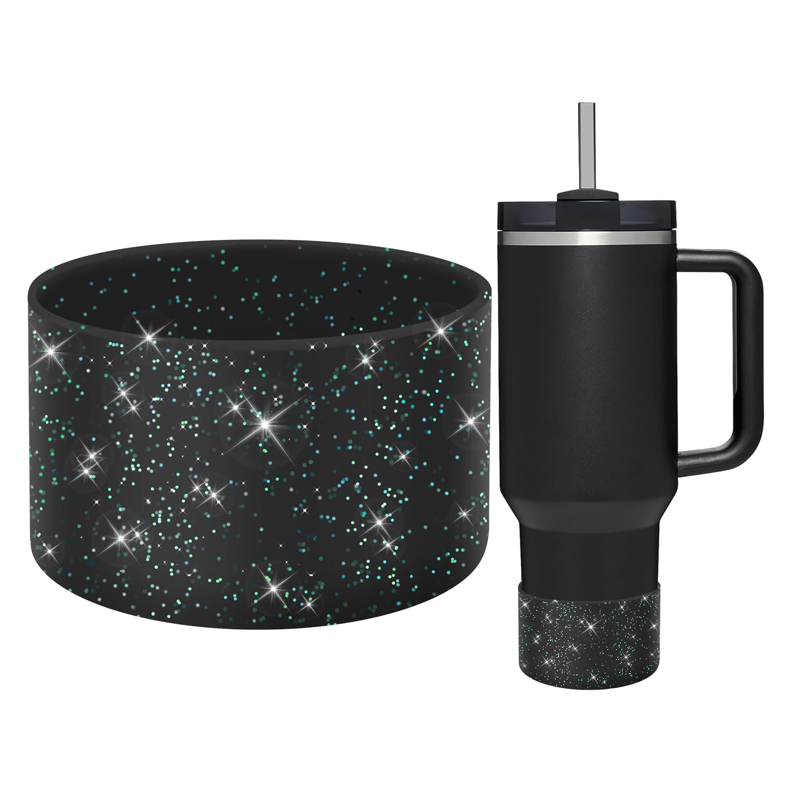 WUQID Protective Bling Silicone Boot Sleeve, Compatible with Stanley Tumbler 20-40oz & Hydro Flask Bottle 12oz-24oz, Glitter Reduces Dents Sleeve Cover for More Bottles/Tumblers Bottom of 2.83-2.95in
