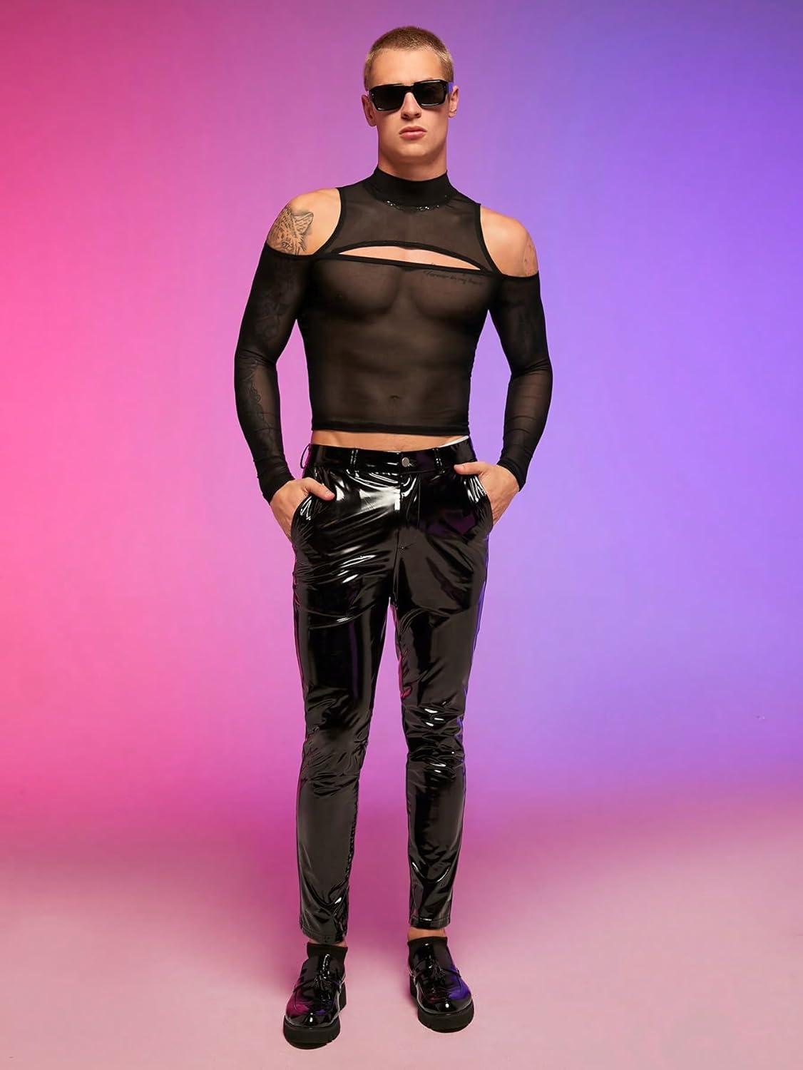 WDIRARA Men's Cut Out Front Mesh Sheer Mock Neck Long Sleeve Bodycon Party Blouse Tops - Image 4