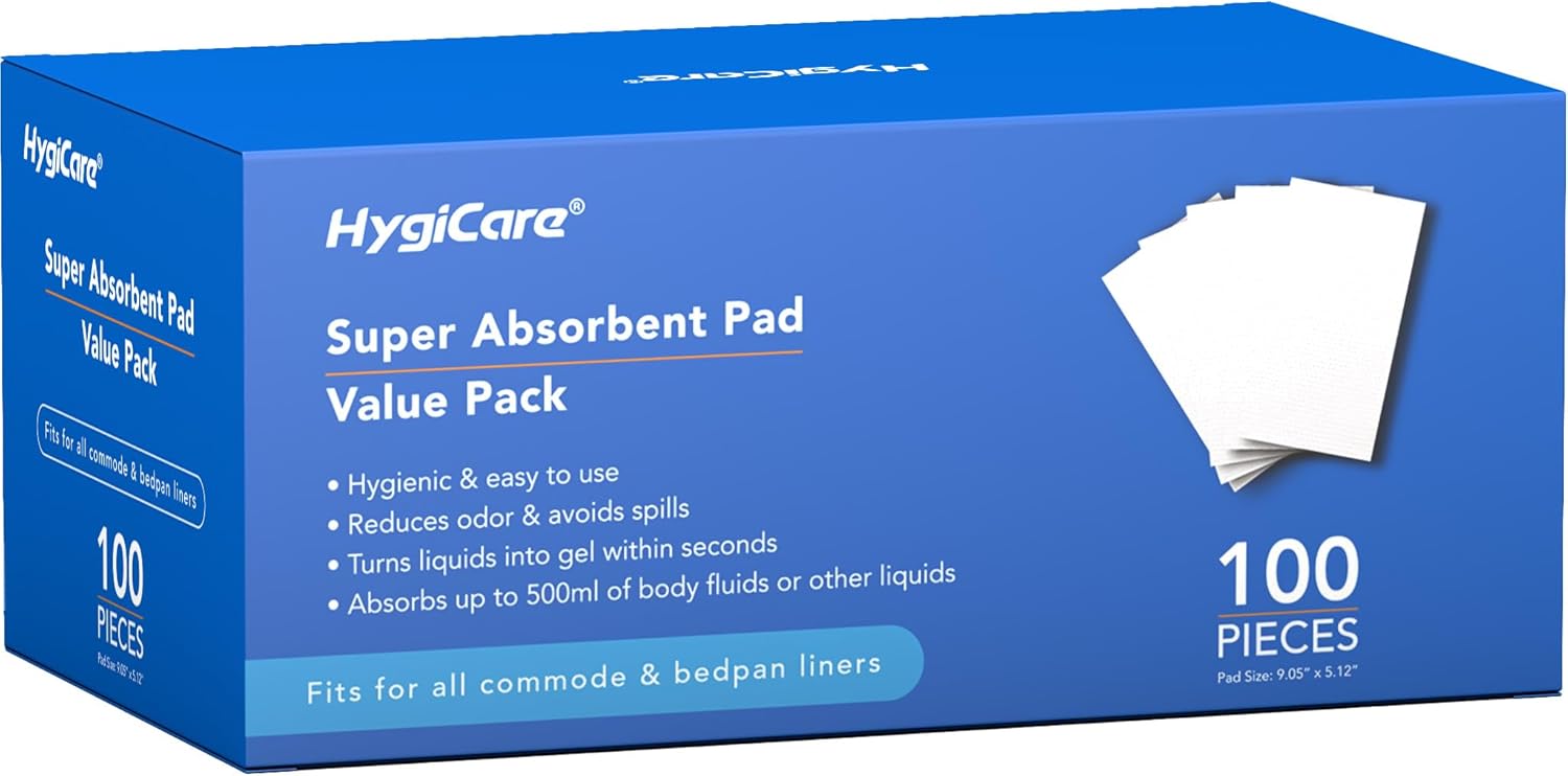 HygiCare 100 Count Super Absorbent Commode Pads for Bedside Commode Chairs, Bed Pans, and Portable Toilets, Fits Commode Liners and Bedpan Liners, for Adults, Seniors, Medical Care, and Camping