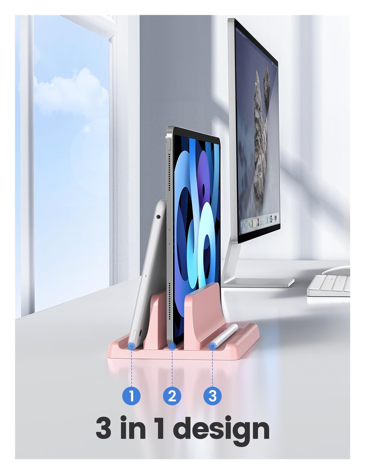 Supporto for laptop verticale rosa, dock for desktop 3 in 1 regolabile