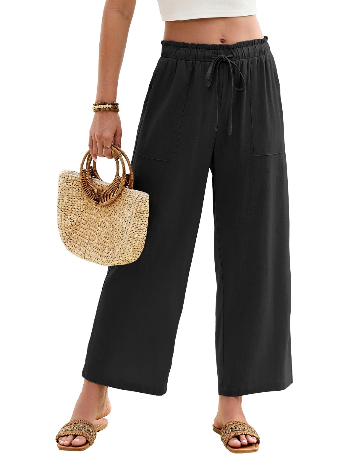 CMTOP Pantalon Lin Femme Été Fluide Chic et Elegant 7/8 Pantalon Taille Elastique Ample Décontractée Léger Pantacourt Solide Couleur Droit Pants avec Poches Cordon