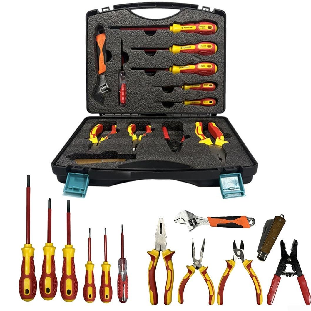 Set Utensili Elettricisti 12 Isolati con Valigetta, Pinze e Cacciaviti in per acciaio per Riparazioni Domestiche e per fai da Te, Custodia per portatile 330x270mm