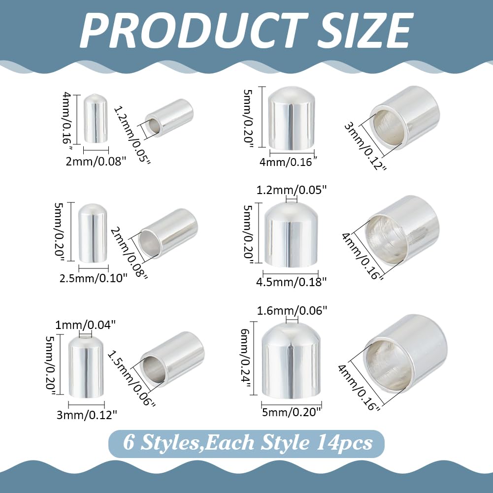 CRAFTYMELODY 84Pcs Cord End Cap 6 Style End Cap 925 Sterling Silver Brass Tube Crimp Bead Small Barrel End Tip Terminators Bead Cap for Jewelry Making Bracelets Necklace DIY Craft Leather Cord Finding