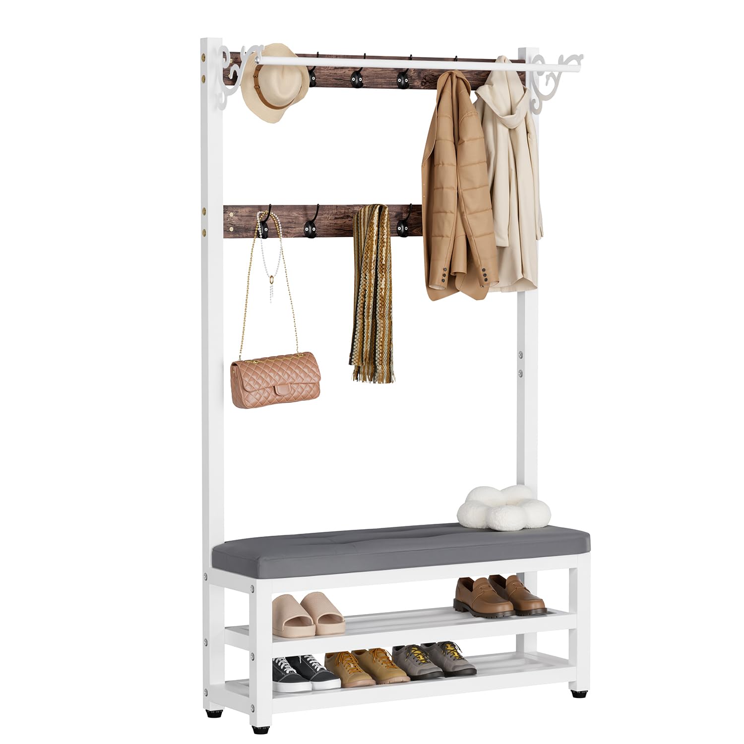 Wpptnsfy White Grey Metal Coat Rack With Shoe Bench And Hook, Multifunctional Entry Bench With Coat Rack, Easy To Assemble For Living Room, Hallway 80/100 * 33 * 172Cm