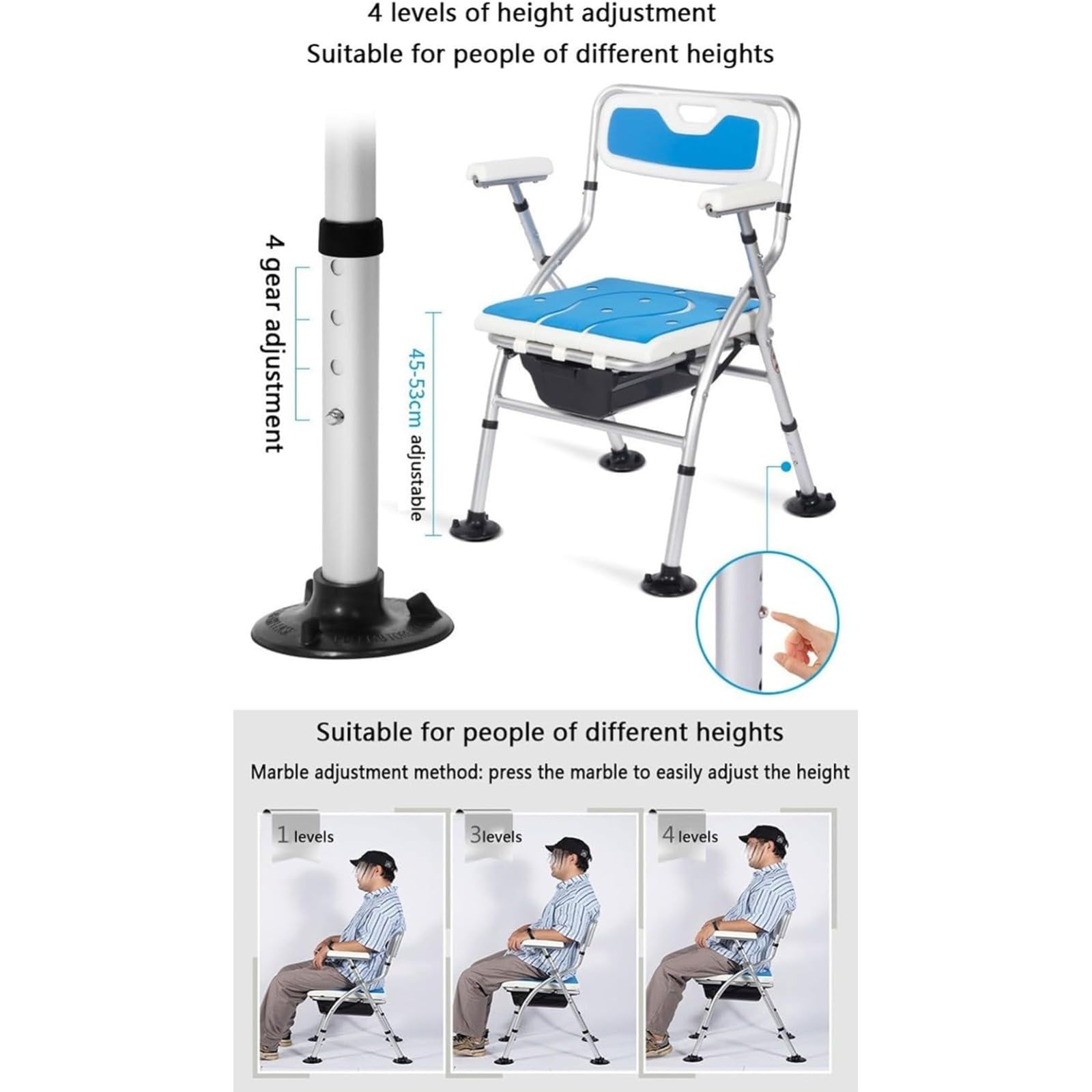 Silla De Ducha Plegable Altura Regulable Antideslizante Asiento De Ducha Plegable con Reposabrazos Y Respaldo para Ancianos, Discapacitados, Personas Mayores Y Embarazadas