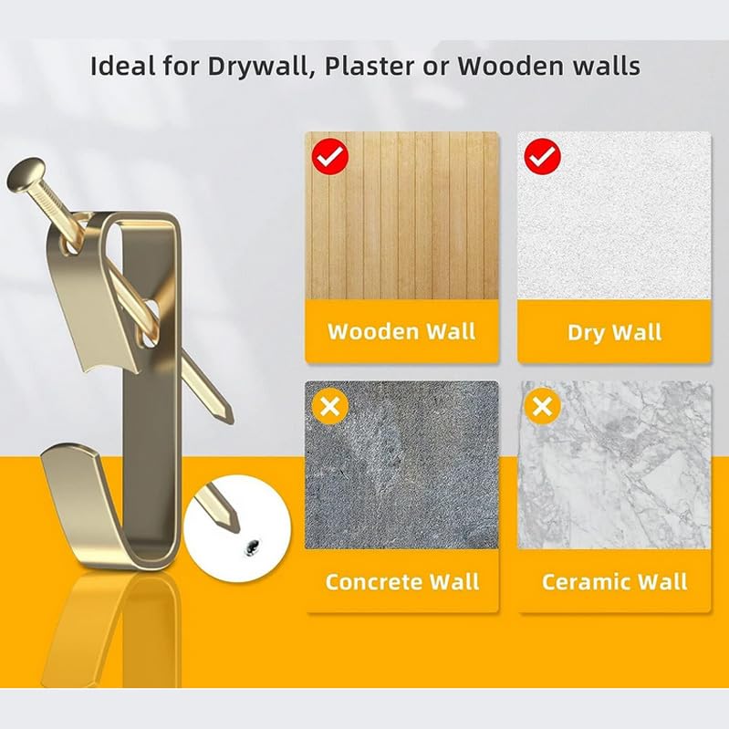 Image of 120pcs Picture Hanging Kit, 10lb, 20lb, 30lb, 50lb and 100lb Picture Hangers, Metal Picture Hanging Hooks Set with Nails, on Drywall, Wooden Wall Photo Frame, Mirror, Canvas, Wall Art (Gold)