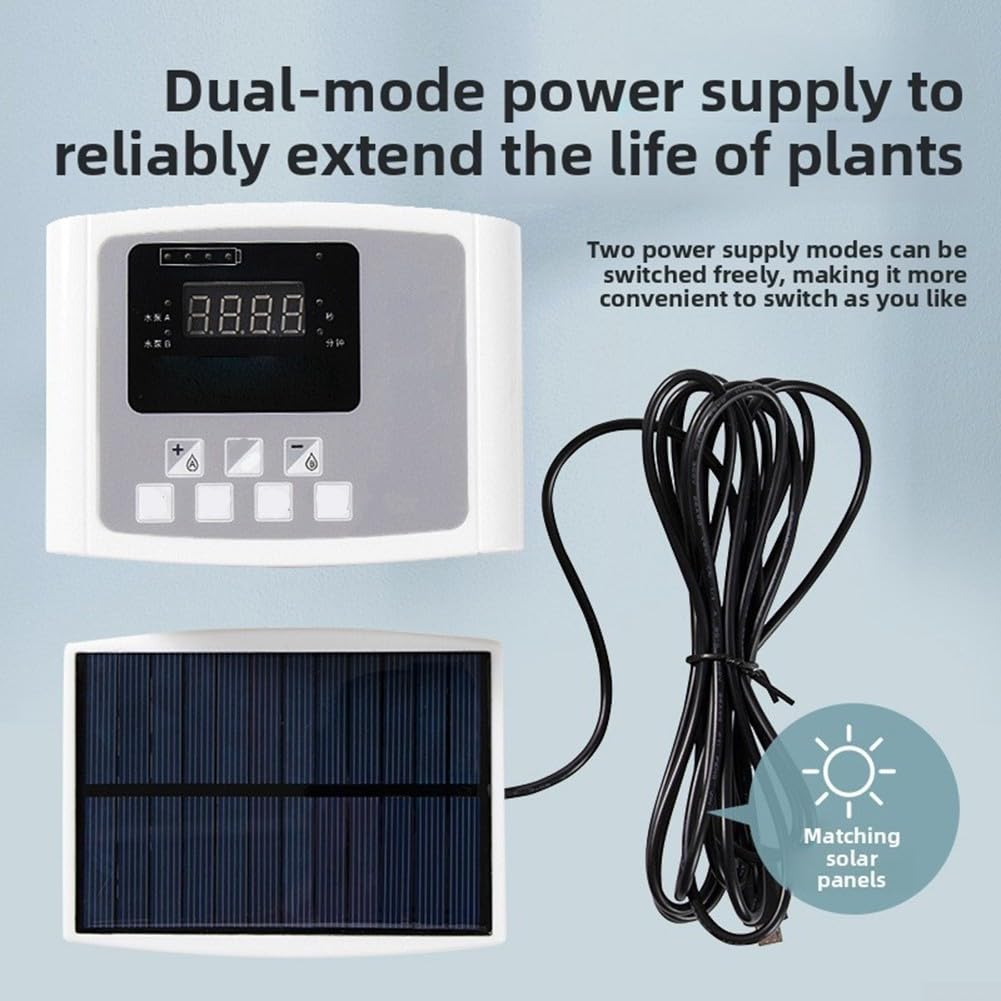 Temporizador de riego solar con bomba doble, sistema automático de riego por goteo con alertas de voz, batería de respaldo para balcón, jardín, oficina