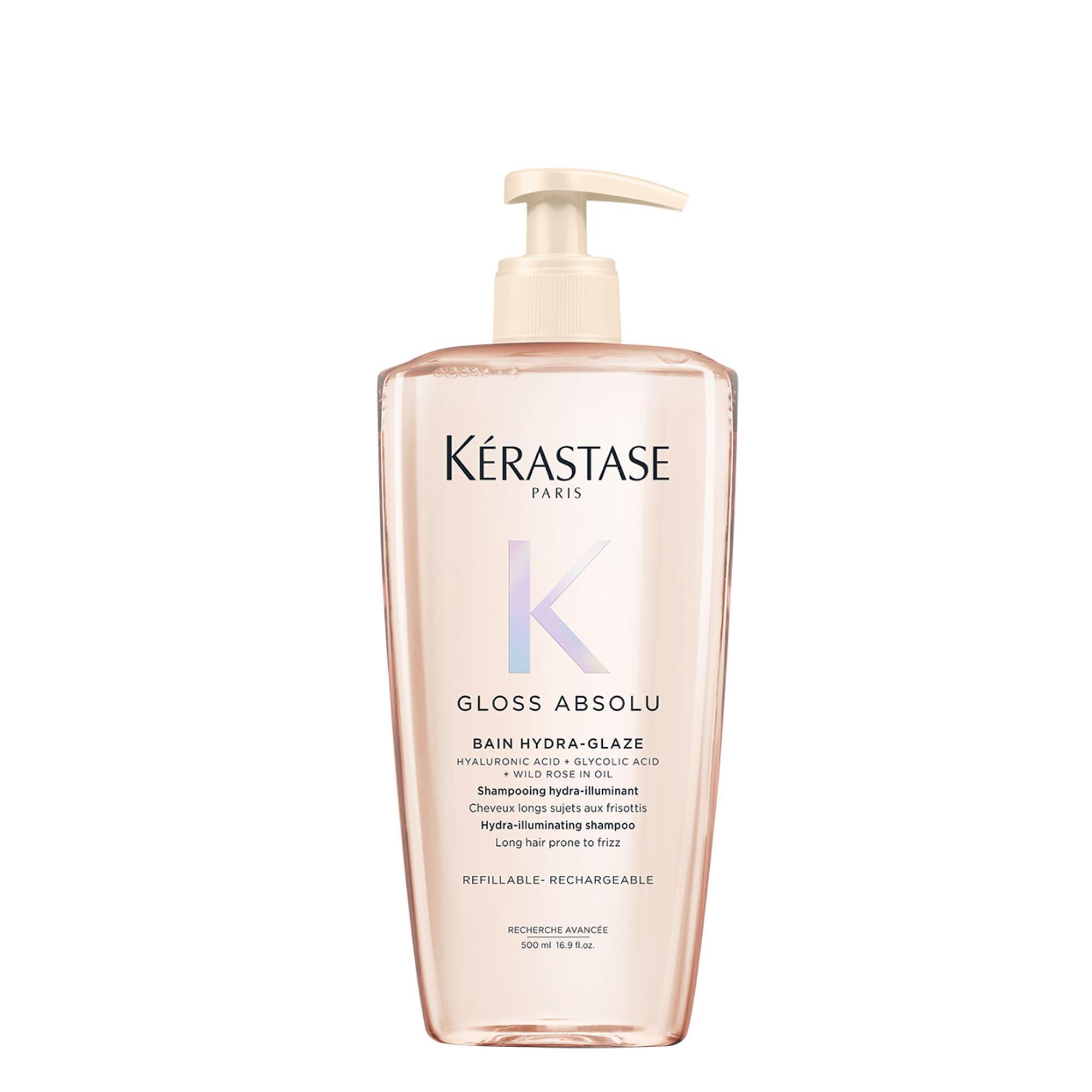 Kérastase Gloss Absolu Bain Hydra-Glaze, Shampoo für langes, zu Frizz neigendes Haar, Mit Hyaluronsäure, Glykolsäure und Wildrosenöl, Für intensiven Glanz & Volumen, 500ml