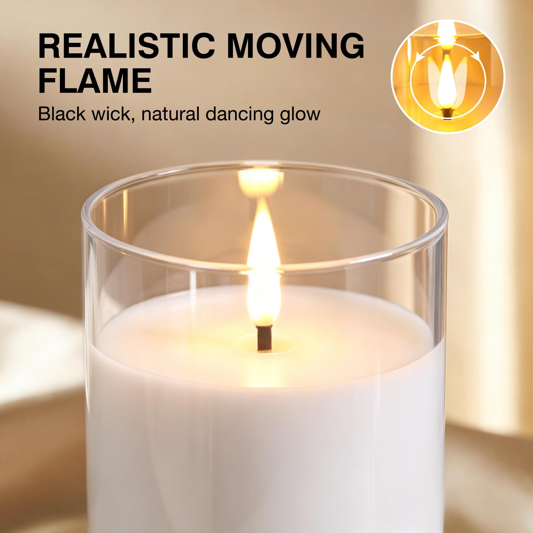 Eywamage Candele cilindriche in vetro trasparente, senza fiamma, tremolanti in movimento, candele a LED in vera cera a batteria, con telecomando, decorazione per la casa, set da 3
