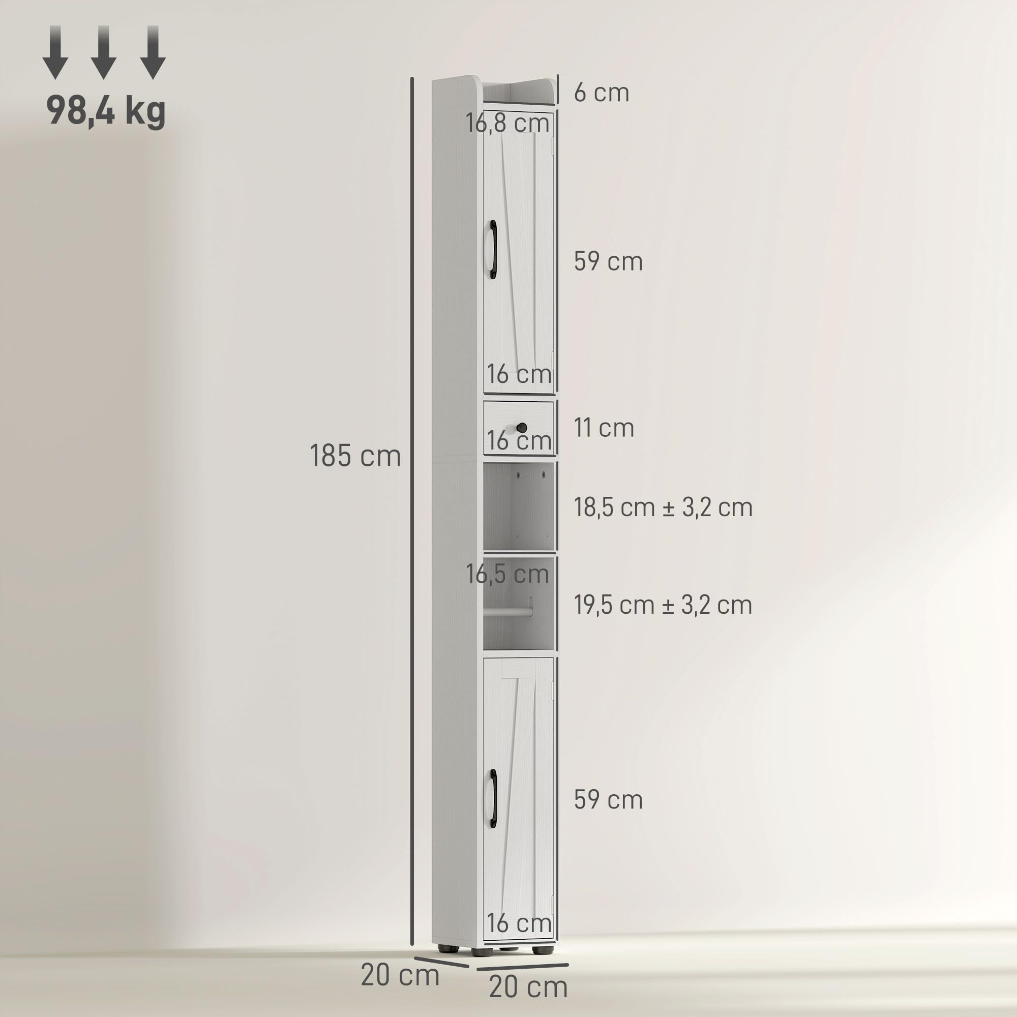 HOMCOM Columna de Baño Estrecha con 2 Puertas Armario Alto de Baño Rústico con Cajón Compartimento Abierto Estantes Ajustables y Portarrollos 20x20x185 cm Blanco