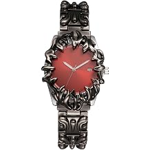 Lancardo Mens Gothic Wrist Watch Y2K Round Quartz Analog Red Dial Band Calendar Date Window Luminous Hands Hip Hop Casual Daily Halloween