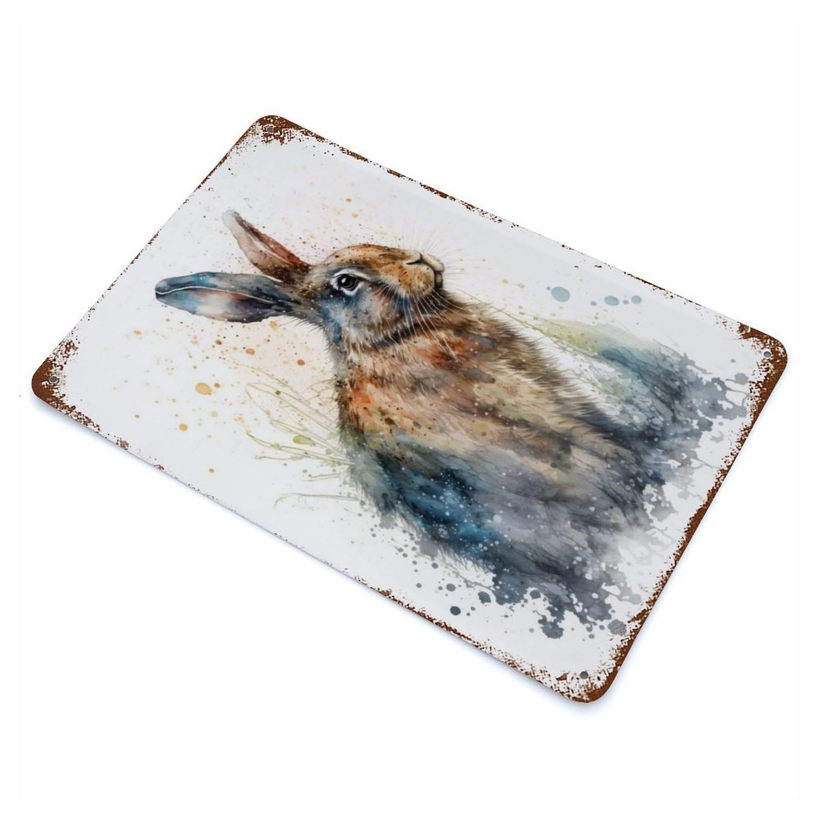 Rabbit Watercolor Painting Rusty Metal Tin Sign 11.8"x7.9", for Basement, Hobby Room And Garage Decor, Retro Wall Decor