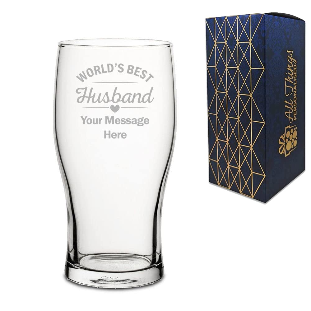 Personalised Engraved Pint Glass with World's Best Husband Design, Gift Boxed, Personalise with Any Message for Valentines, Anniversaries