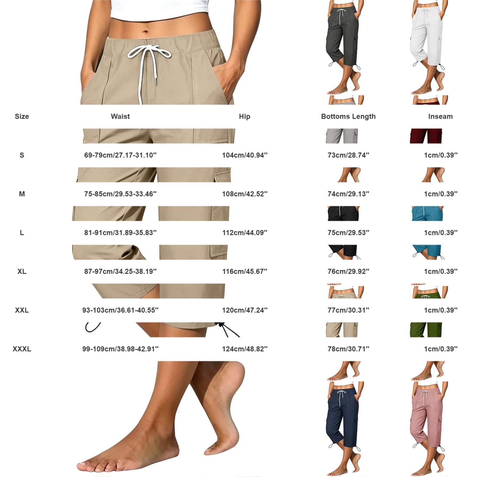 Pantaloni capri da donna in morbido cotone, pantaloni cargo con tasche e | Pantaloni estivi in mussola per il tempo libero, traspiranti e leggeri, casual, da lavoro, da trekking, tinta unita