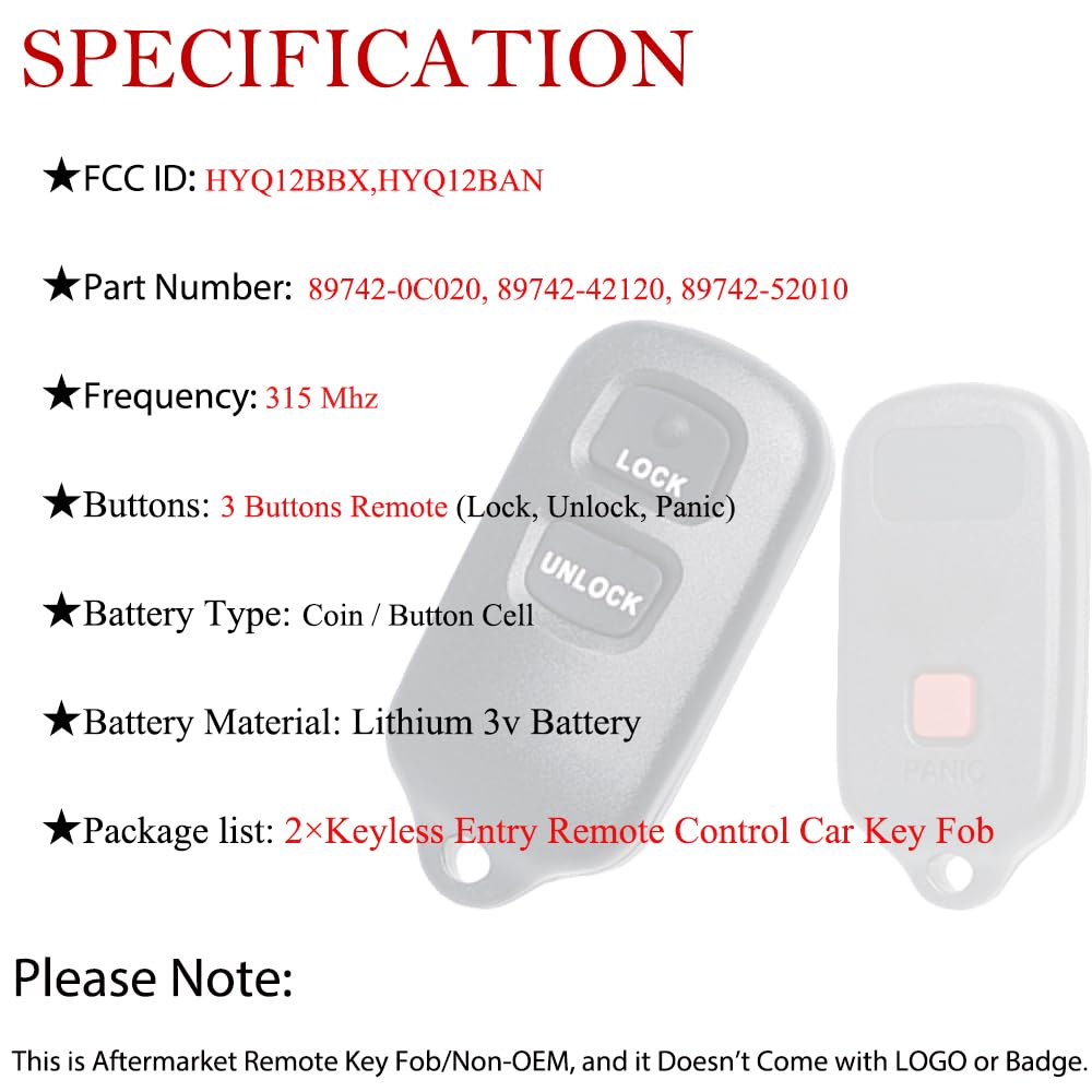 MechanMagic Telecomando di ricambio per telecomando per Toyota 4Runner 1999-2009/CELICA/RAV4 2001-2005/HIGHLANDER/PRIUS/Tundra/Echo/SCION XB XA 2004-2006 telecomando senza chiave HYQ12BBX (confezione