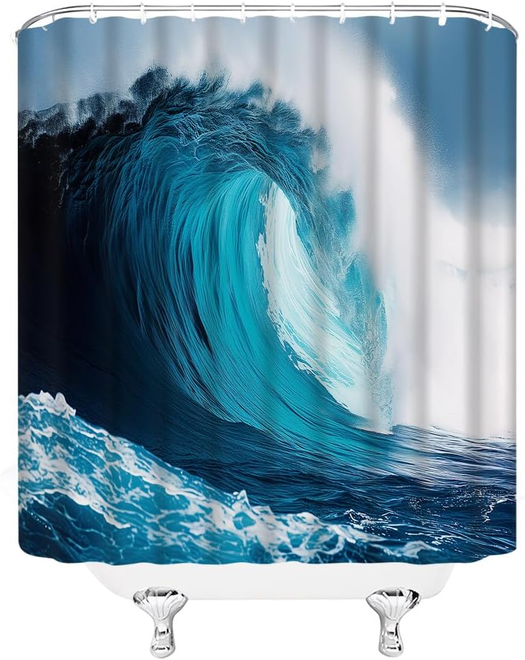 Ocean Waves Shower Curtain Blue Great Wave Surf Summer Tropical Hawaii Sea Nature Modern Scenery Fabric Bathroom Decor Curtain with Hooks