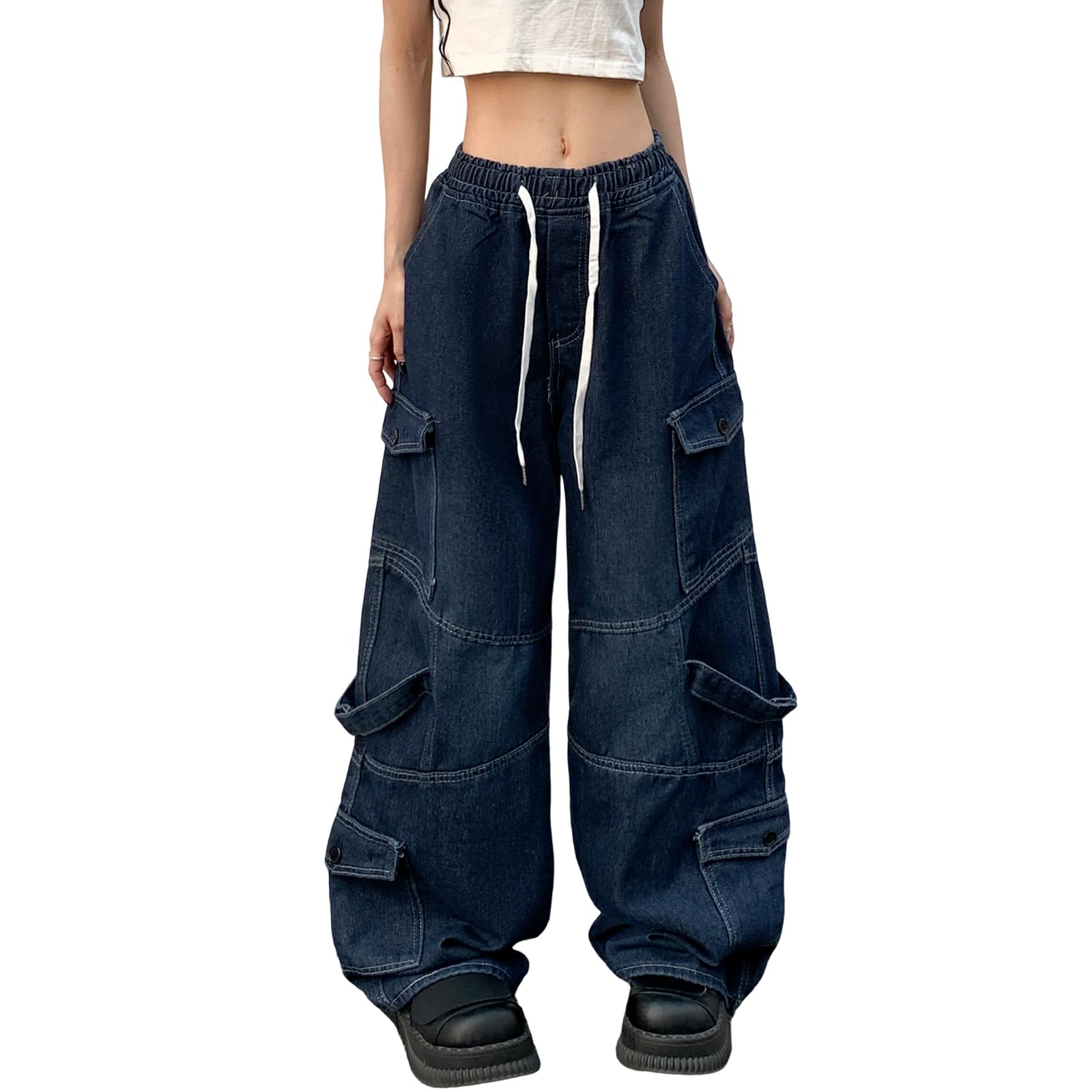 Baggy Jeans für Damen Y2K Denim Cargo Hose Loose High Taille Casual Wide Leg Kordelzug Boyfriend Hose mit Taschen