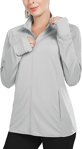 baleaf Camisas de correr de manga larga para mujer, protección solar UPF 50+, cremallera completa, chaquetas atléticas ligeras con bolsillos con