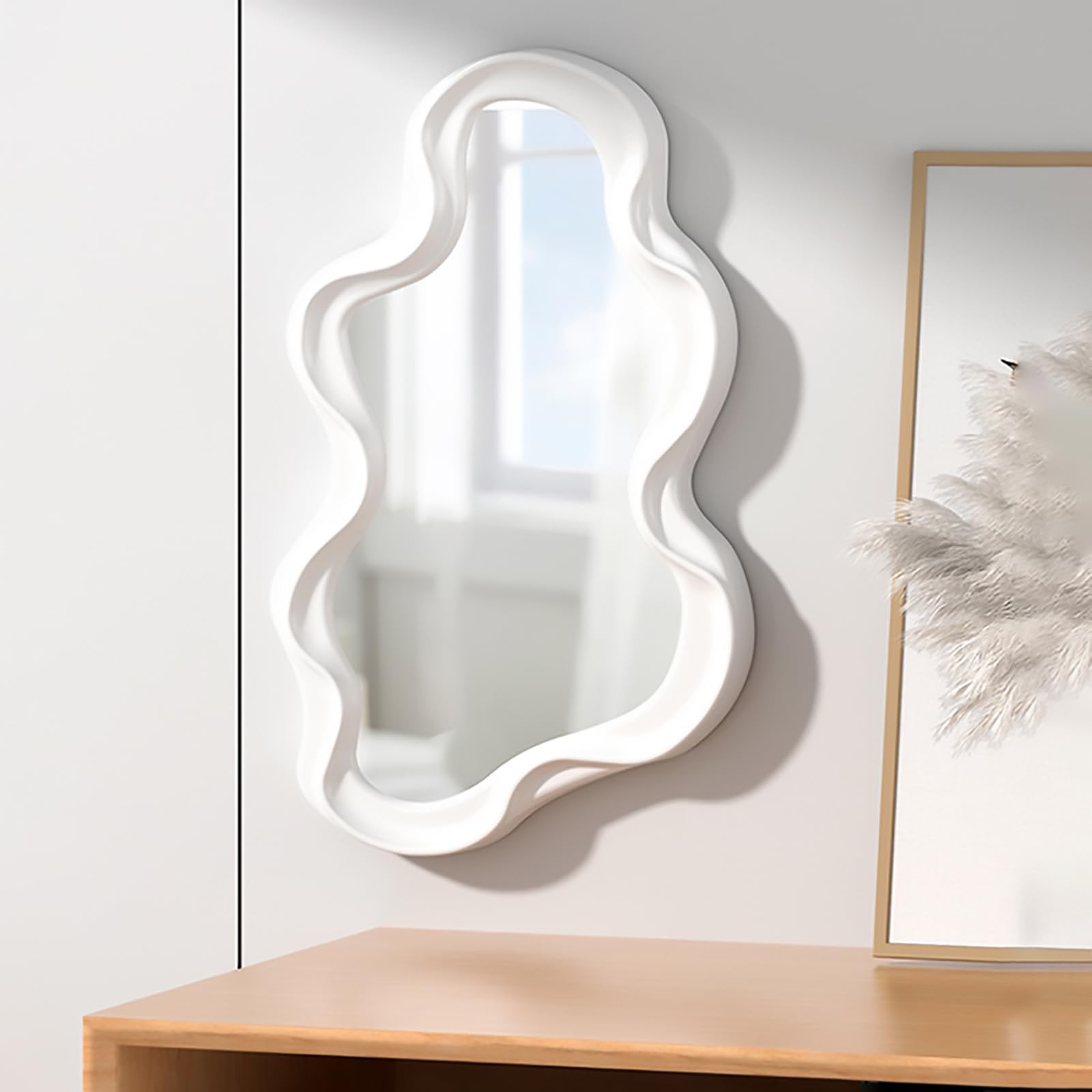 Specchio da Parete a Forma di Nuvola Irregolare, Specchio Asimmetrico da Parete, Specchio Decorativo per Soggiorno, Camera da Letto, Bagno, Ingresso, Bianco.