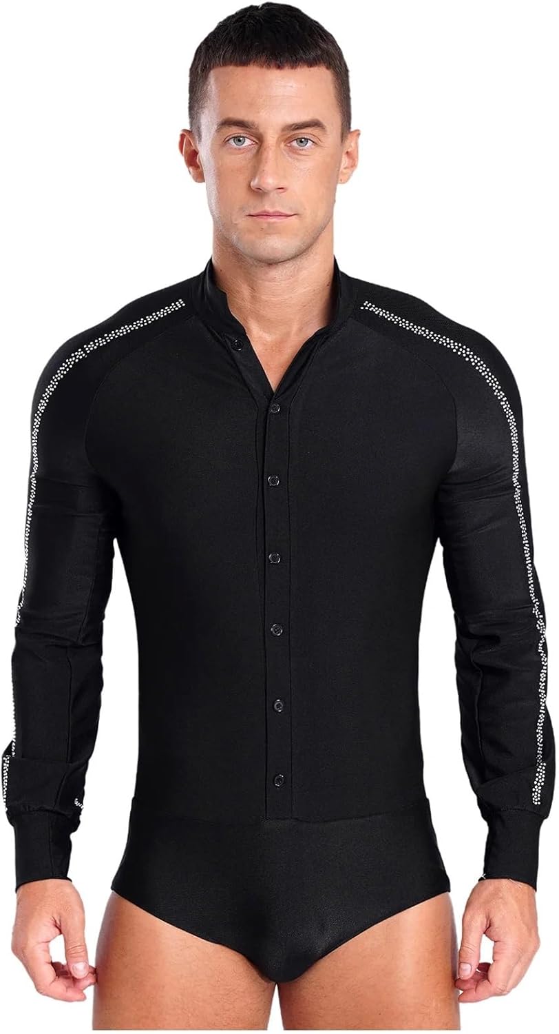 Mens Latin Ballet Dance Leotard Competition Costume Raglan Sleeve Stand Collar Button Sparkly Rhinestones Leotard