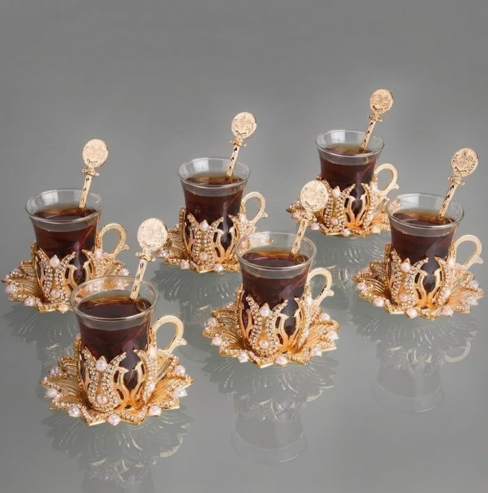 BOSPHORUS Turkish Tea Glasses Set with Saucers Holders Spoons, Decorated with Swarovski Type Crystals and Pearl, 24 Pcs (Gold) - Set of 6