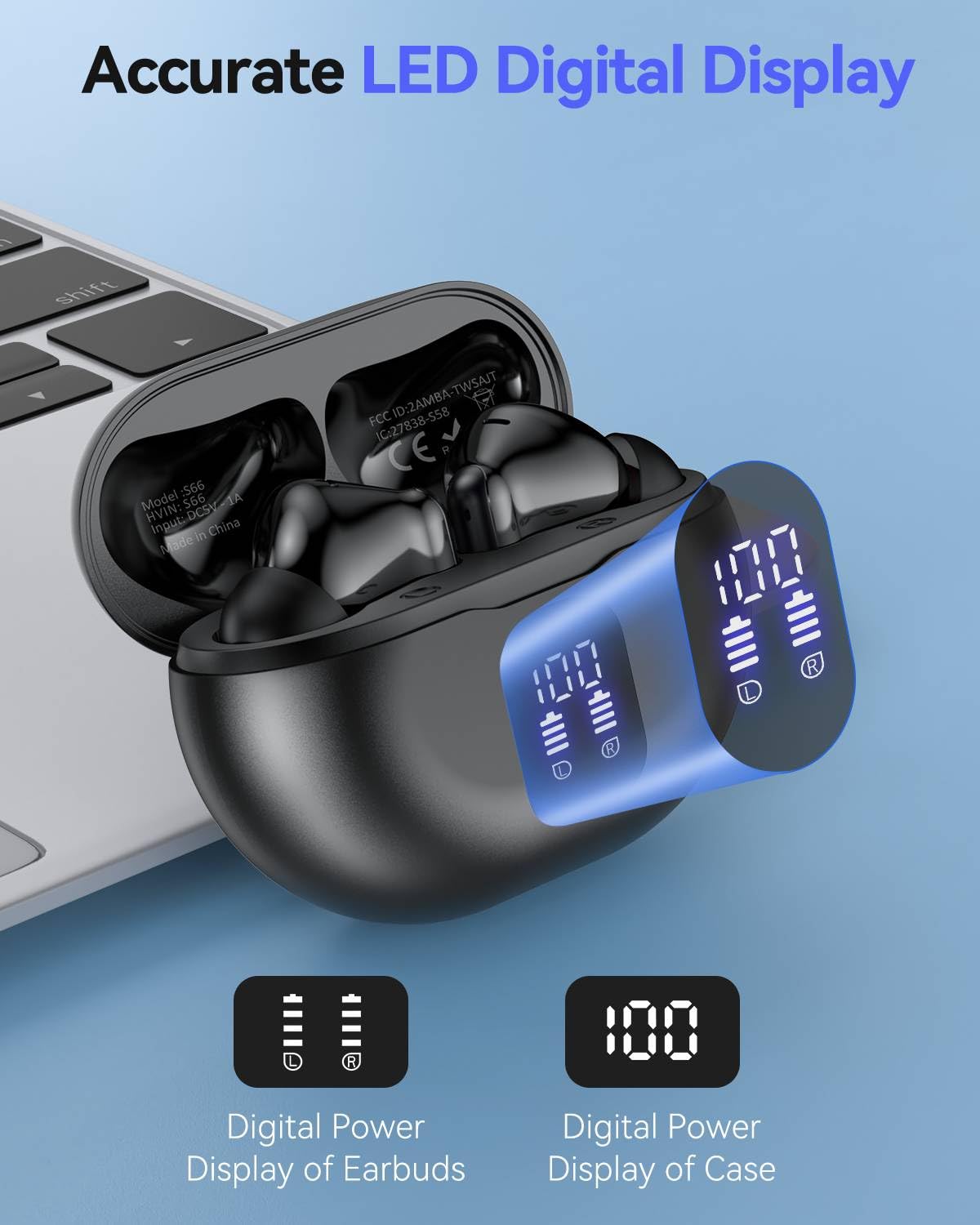 Bluetooth Headphones True Wireless Earbuds 50H Playback LED Power Display Earphones with Charging Case IPX7 Waterproof in-Ear Ear Buds with Mic for Smart Phone Computer Sports, Black