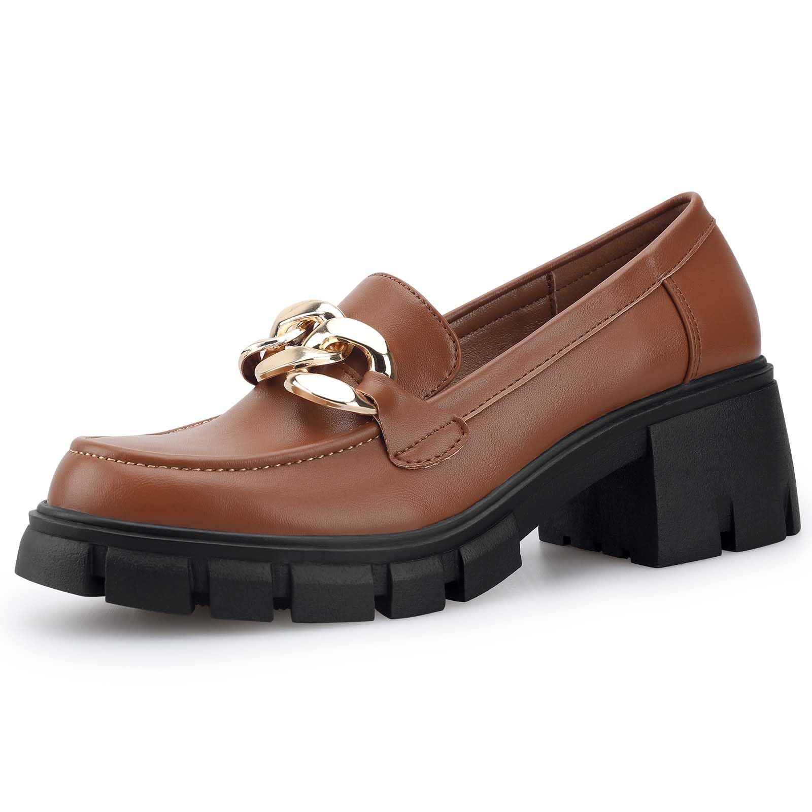 STUNAHOMEWomens Platform Loafers with Chain Fashion Round Toe Slip On Chunky Heel Lug Sole Loafers Shoes Penny Casual Business Shoe