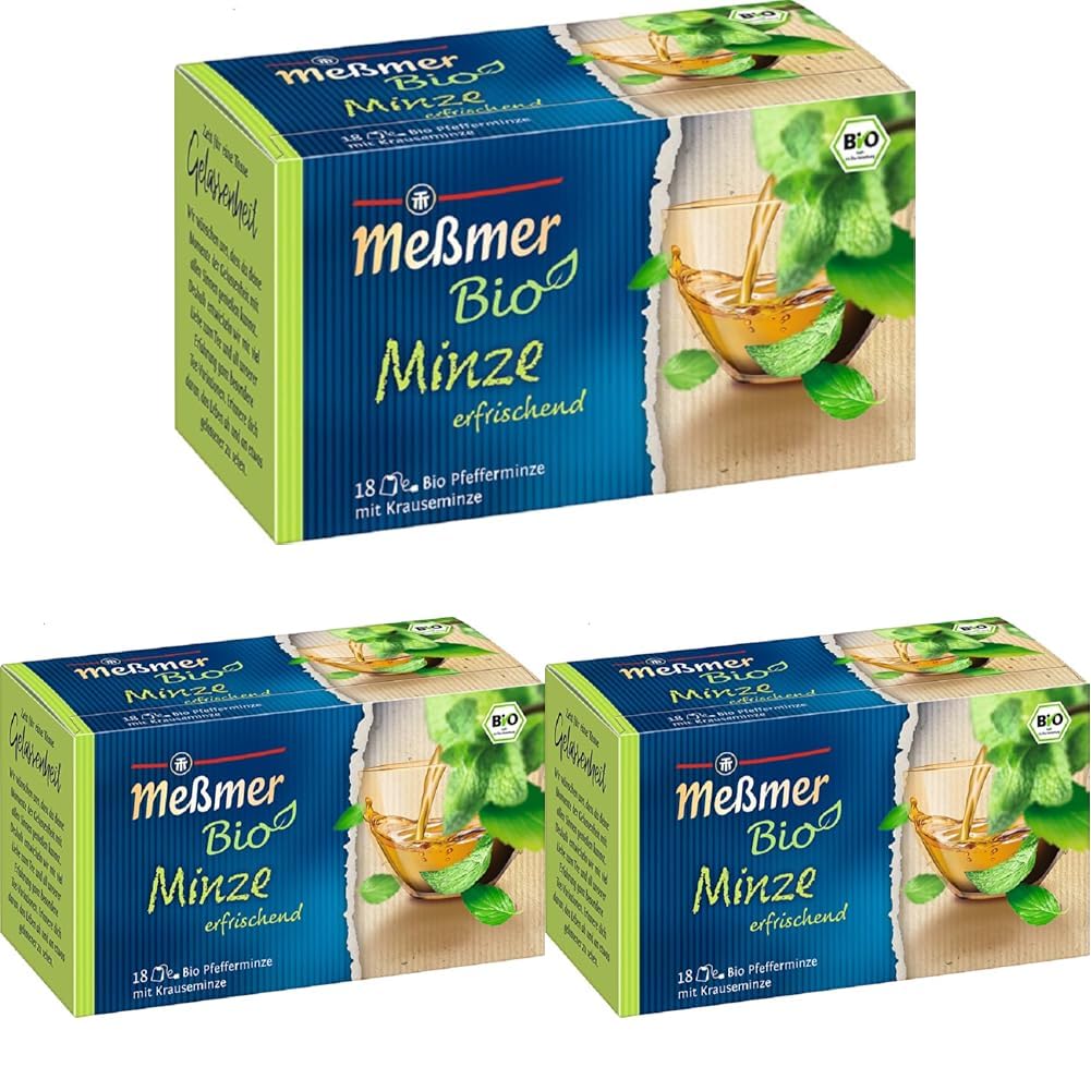 Meßmer Bio Minze | erfrischend | 18 Teebeutel | Vegan | Glutenfrei | Laktosefrei (Packung mit 3)