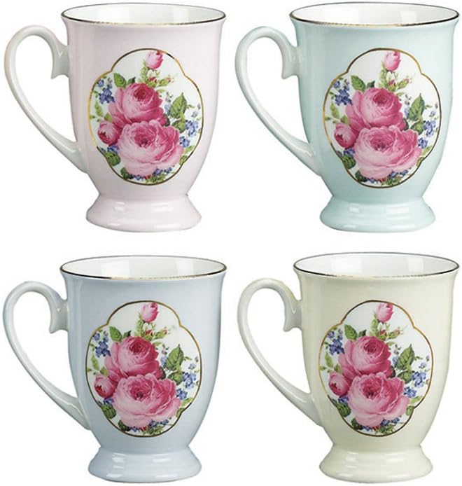Gracie Bone China 9-Ounce Footed Mug, Assorted 4 Designs, Royal Rose, Set of 4