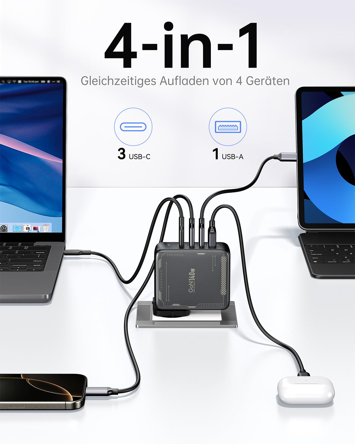SELORE - Caricatore USB C GaN da 140 W, 4 porte, con cavo da USB C a USB C da 2 m, 140 W, alimentatore di rete PD 3.1 per MacBook Pro/Air, iPhone 17/16/15, Samsung S25/S24, iPad, caricatore per laptop