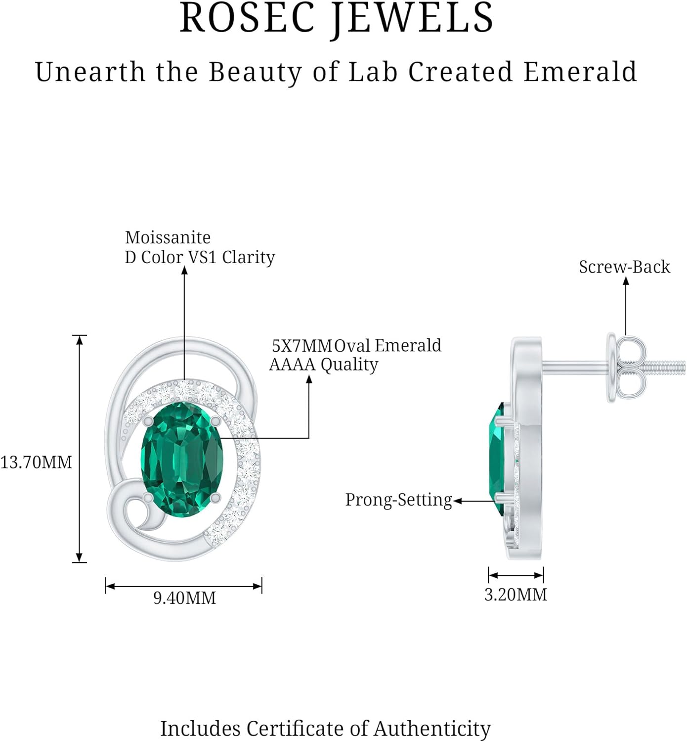 Certified 2 Carat Lab Grown Emerald Designer Earrings in Silver, Aaaa Quality, Emerald Big Stud Earrings (Ideal For Gift) - Image 5
