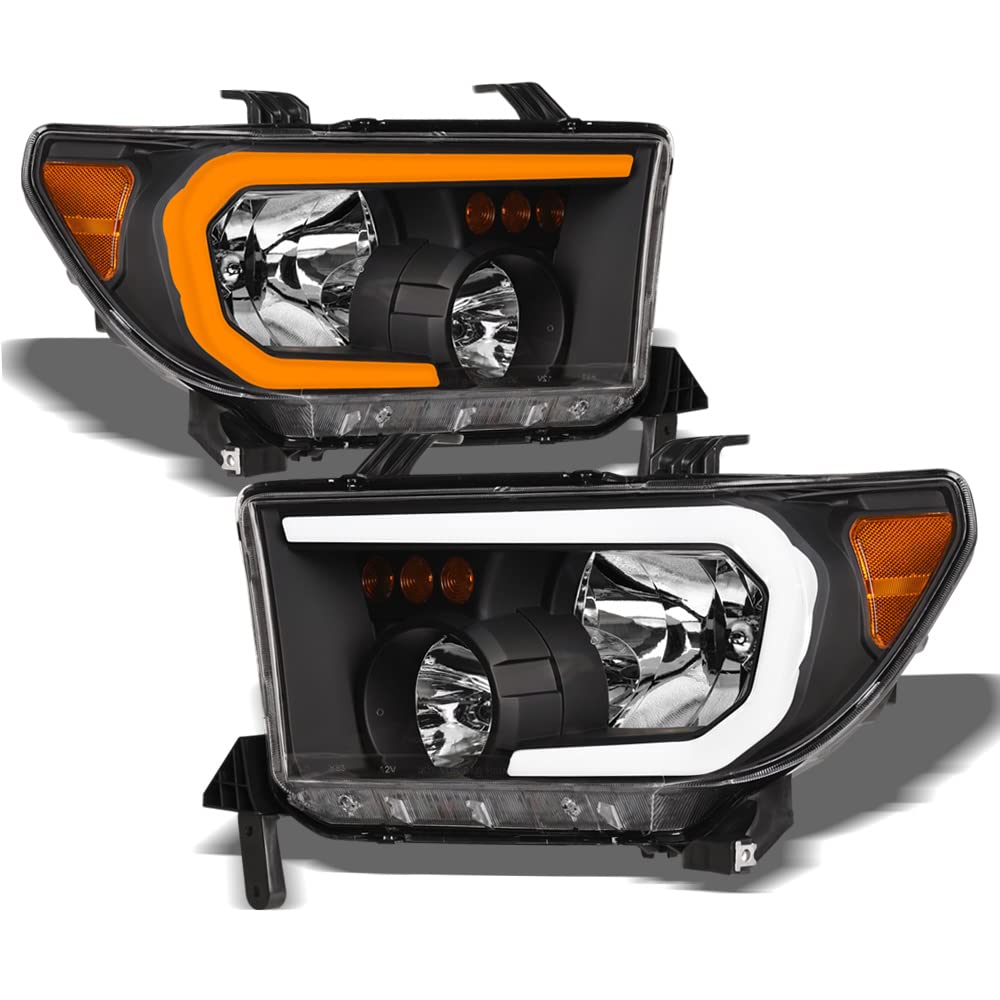 Switchback Sequential LED Strip Tube Bar Black Housing Crystal Headlights Signal Lamps Amber Reflector nb Compatible With 07-13 Toyota Tundra / 08-17