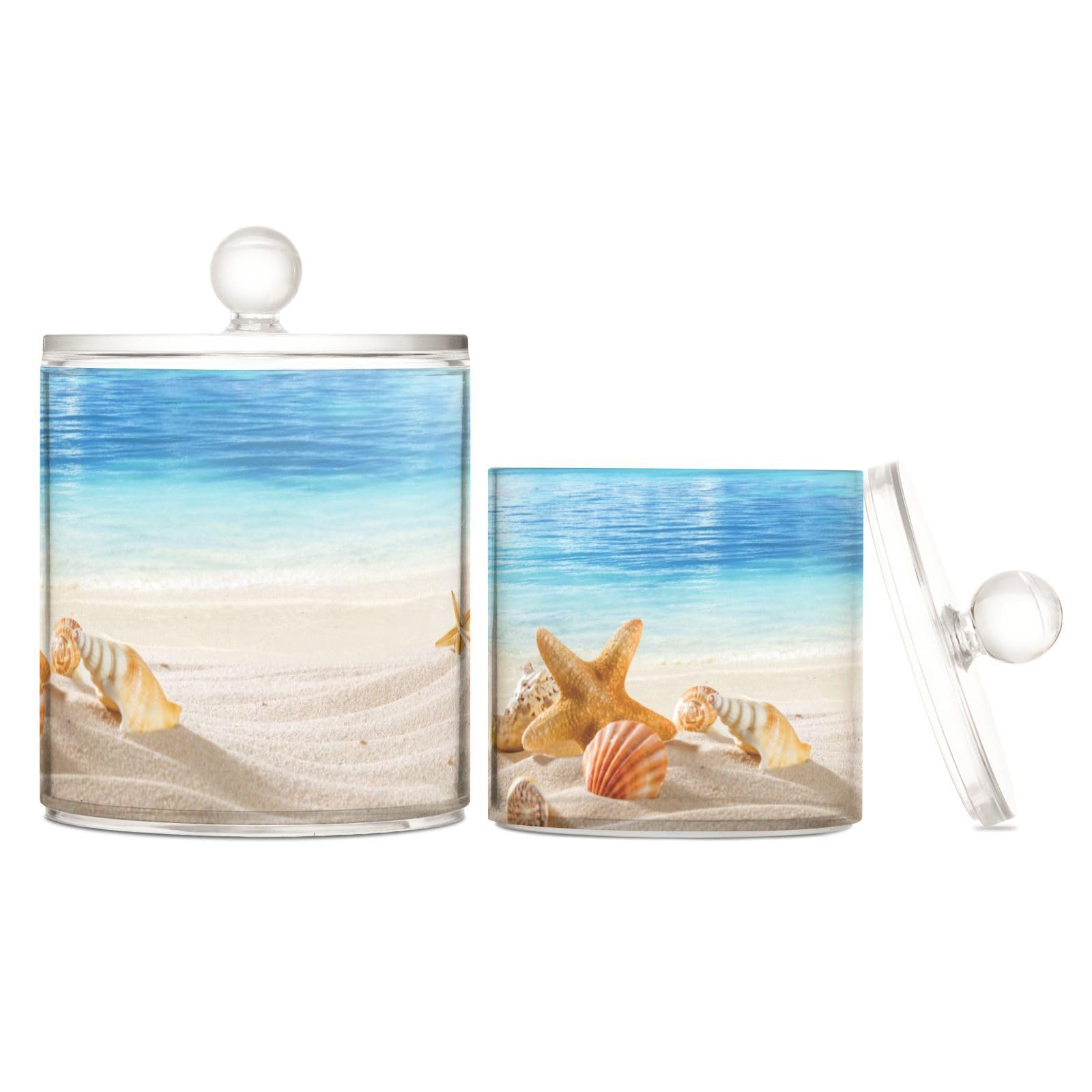 ALAZA Beach Starfish Ocean Qtip Holder Cotton Ball Holder 2 Pack Qtips Cotton Swabs Holder Dispenser Bathroom Container Set Storage Jars Plastic Apothecary Jars for Vanity