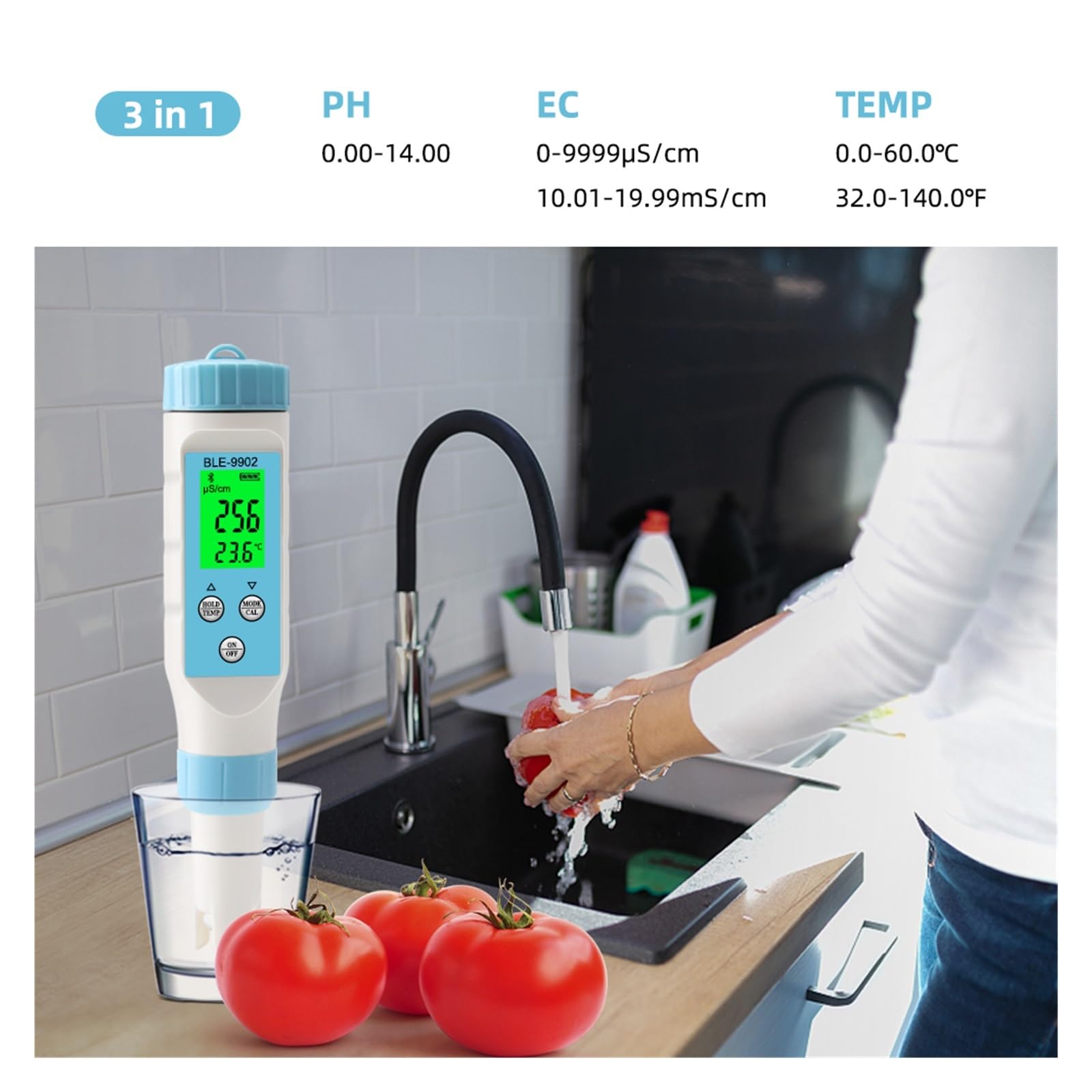 Tester PH Acqua Qualità PH EC TDS TEMP Misuratore di salinità Tester digitale della qualità dell'acqua potabile Monitor online intelligente Controllo APP for piscina dell'acquario(PH EC TDS Temp)