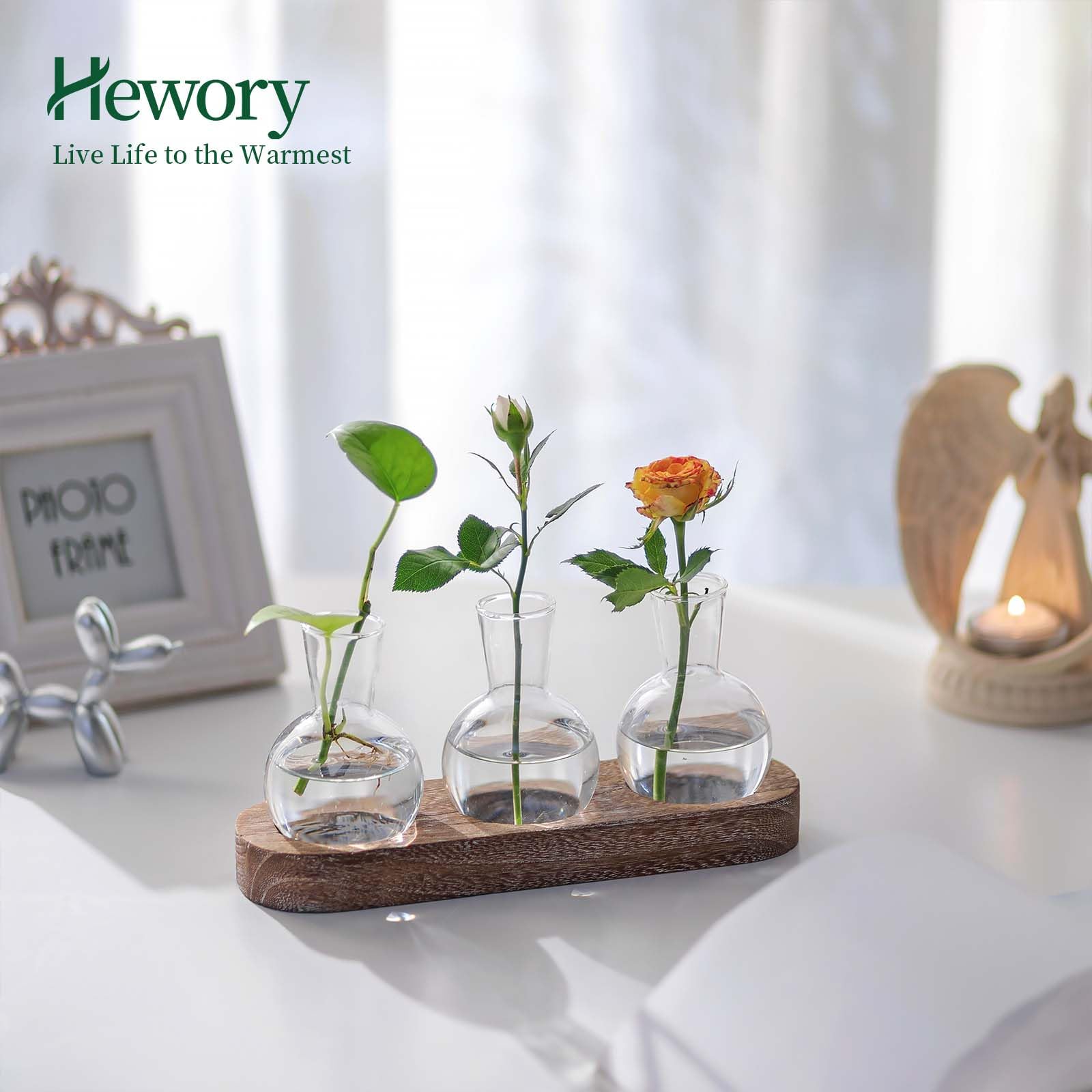 Vasi Decorativi In Vetro E Legno - Set 3 Pezzi Per Piante Da Interno, Stile Vintage - Foto 3