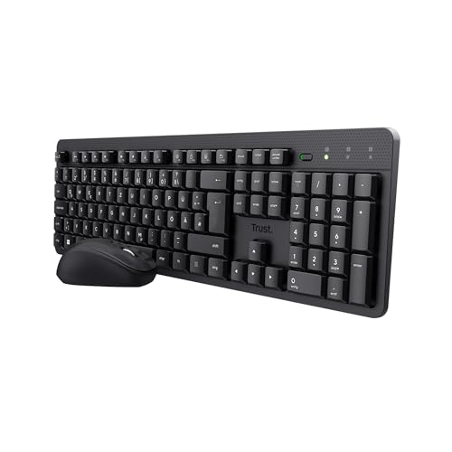 Trust Ymo II Leise Tastatur Maus Set Kabellos Deutsches QWERTZ Layout, Flachen Tasten, Spritzwassergeschützt, Beidhändig Funkmaus 800-1600 DPI, EIN USB-Empfänger, für PC, Computer, Laptop, Mac