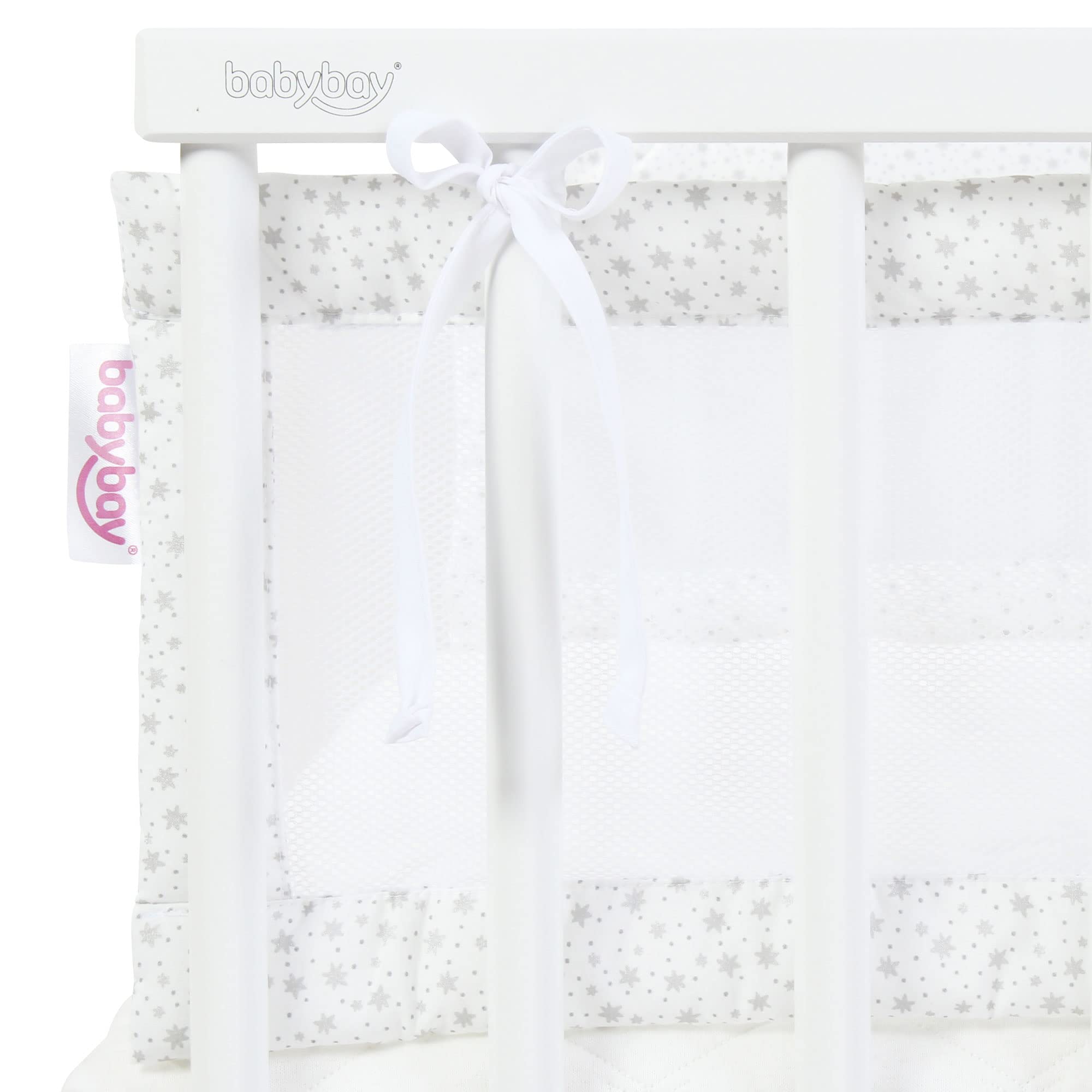 babybay Protector de cuna de malla apto para modelo original, color blanco con estrellas brillantes plateadas
