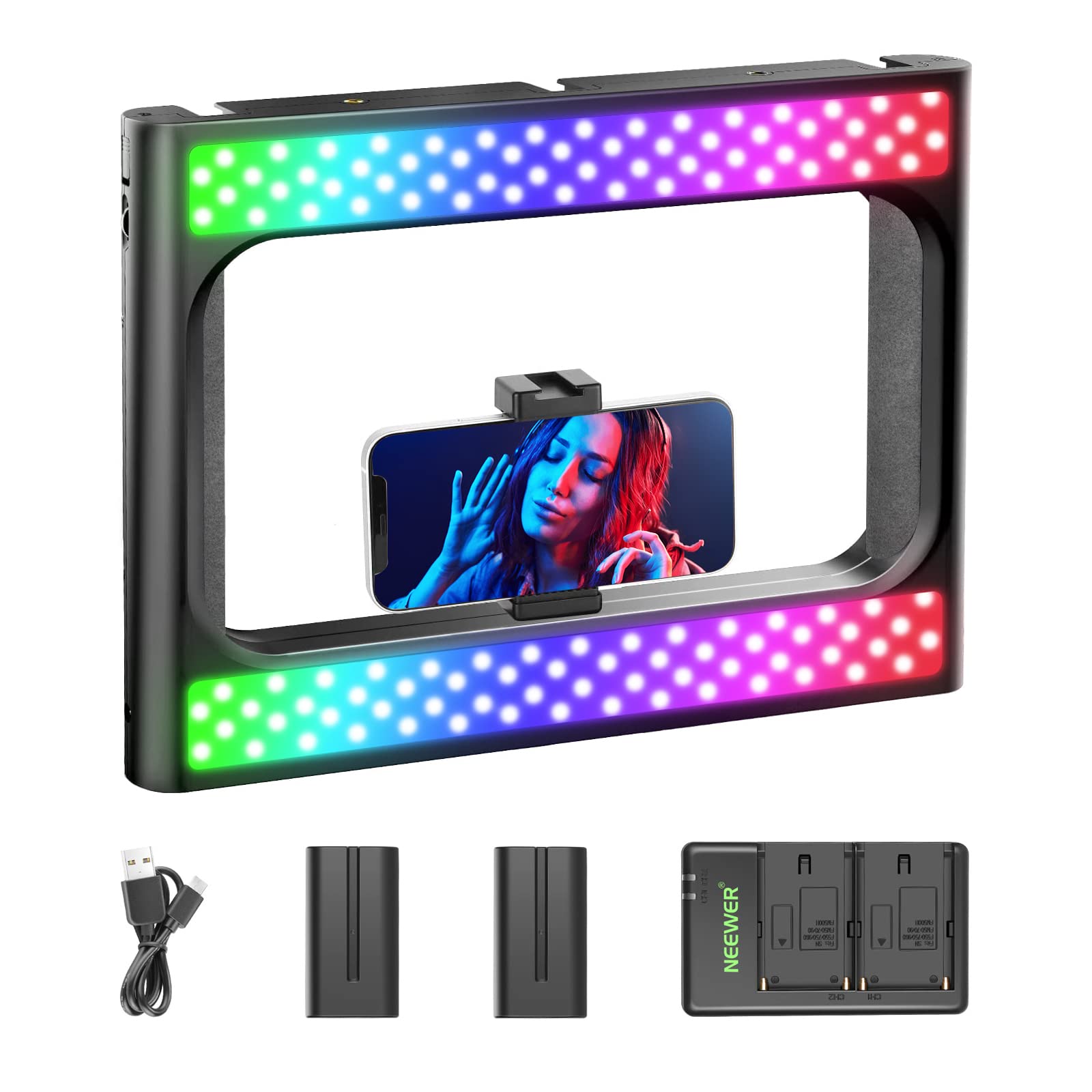 NEEWER RGB LED-Ringlicht Selfie-Licht,360° Vollfarbe,Smartphone-Video-Rig und Telefon-Videostabilisator,2500K~10000K CRI97+ LED-Licht mit Akku und Ladegerät für Filmemachen/TikTok/Make-up/YouTube/Vlog