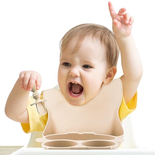 Miniatura 8 de Juego de vajilla para bebé, plato y cuenco de succión para bebé con cuchara de tenedor, taza para niños pequeños, baberos ajustables de silicona