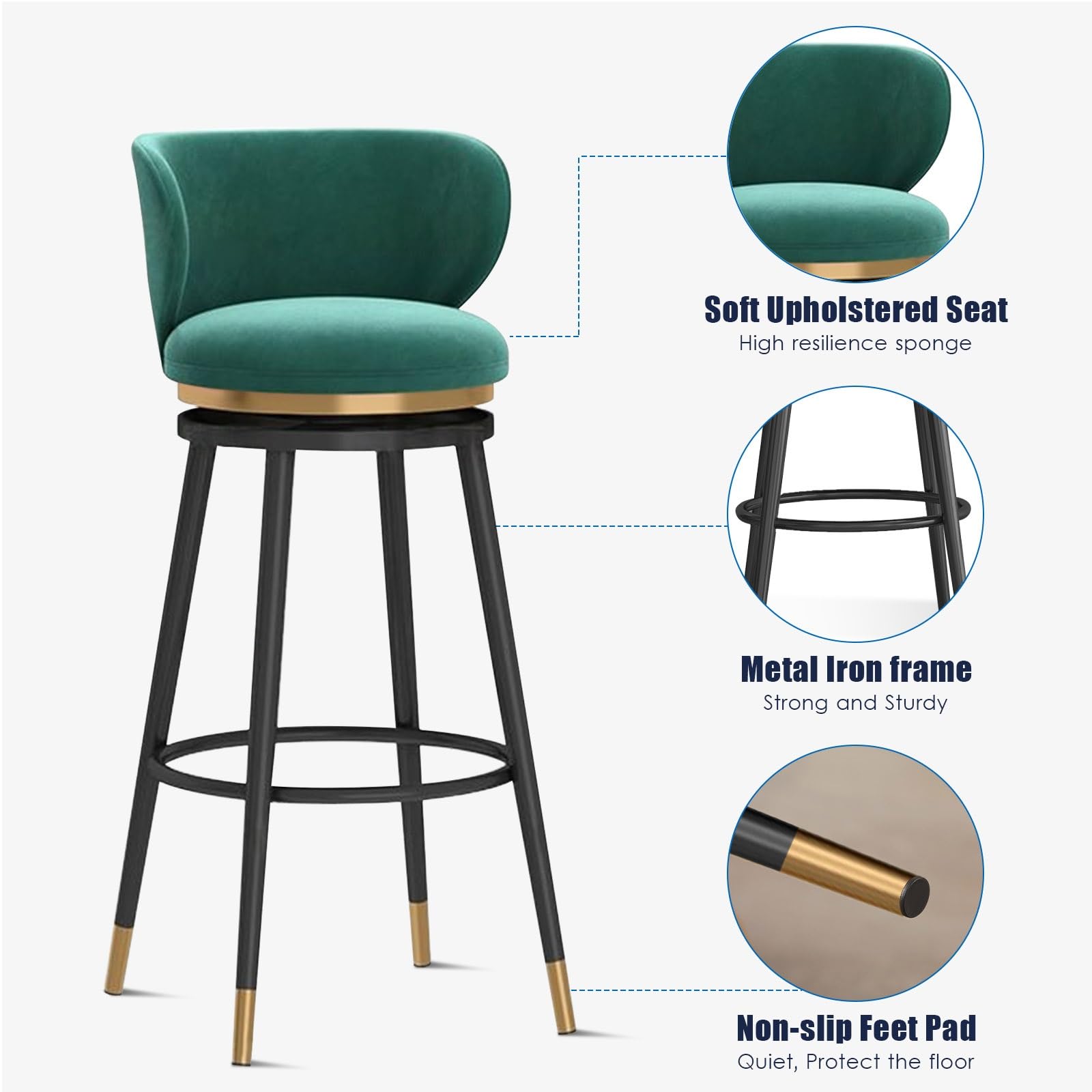 Lot de 3 tabourets de bar pivotants, tabourets de comptoir rembourrés en velours avec pieds en métal, parfaits pour la cuisine et la salle à manger, 75 cm / 29.5in, design vert élégant