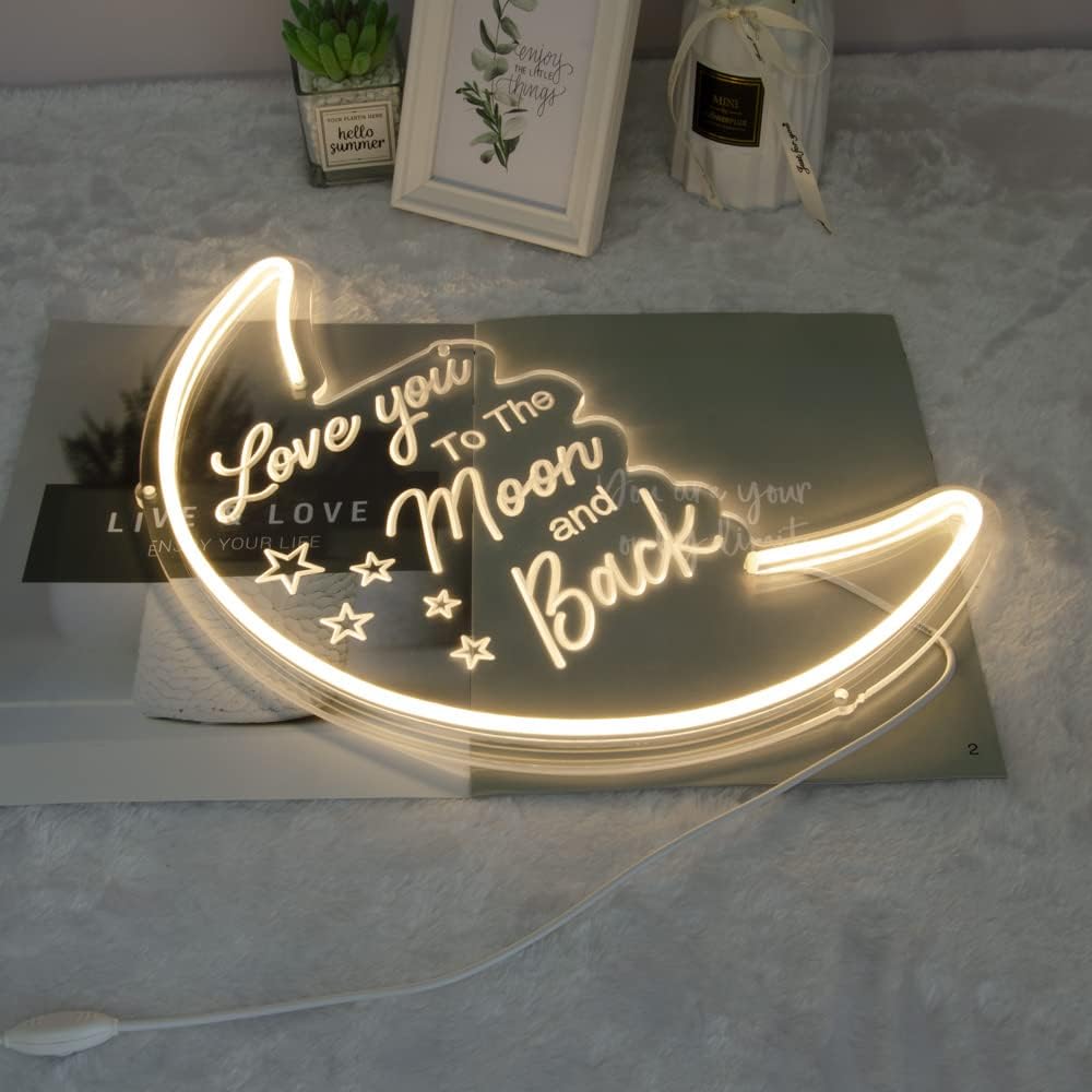 Britrio LED Moon Neon Light Sign, 15.75”x10.24” Warm White Love You To the Moon And Back Neon Wall 3D Art for Party Girls Kid’s Bedroom Living Room,Home Decor Night Light 5V USB Powered with Dimmer Switch
