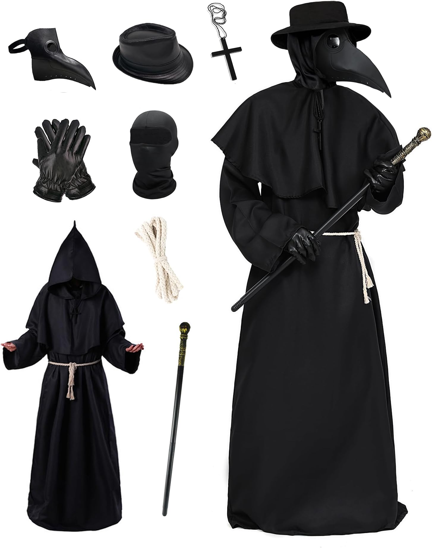 Akokvlar Adult Unisex 9PCS Plague Doctor Costume with Mask Gloves Hat Necalace Scepter