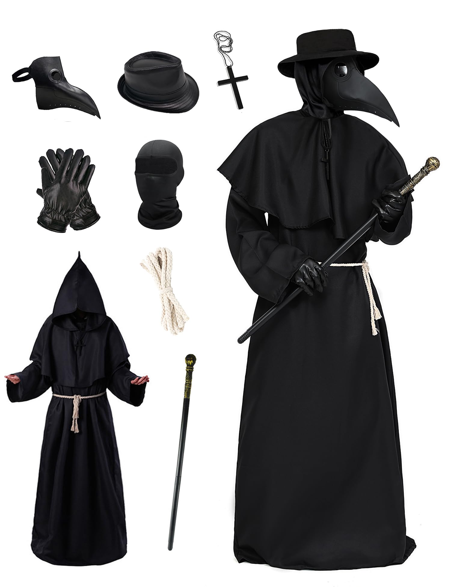 Akokvlar Adult Unisex 9PCS Plague Doctor Costume with Mask Gloves Hat Necalace Scepter
