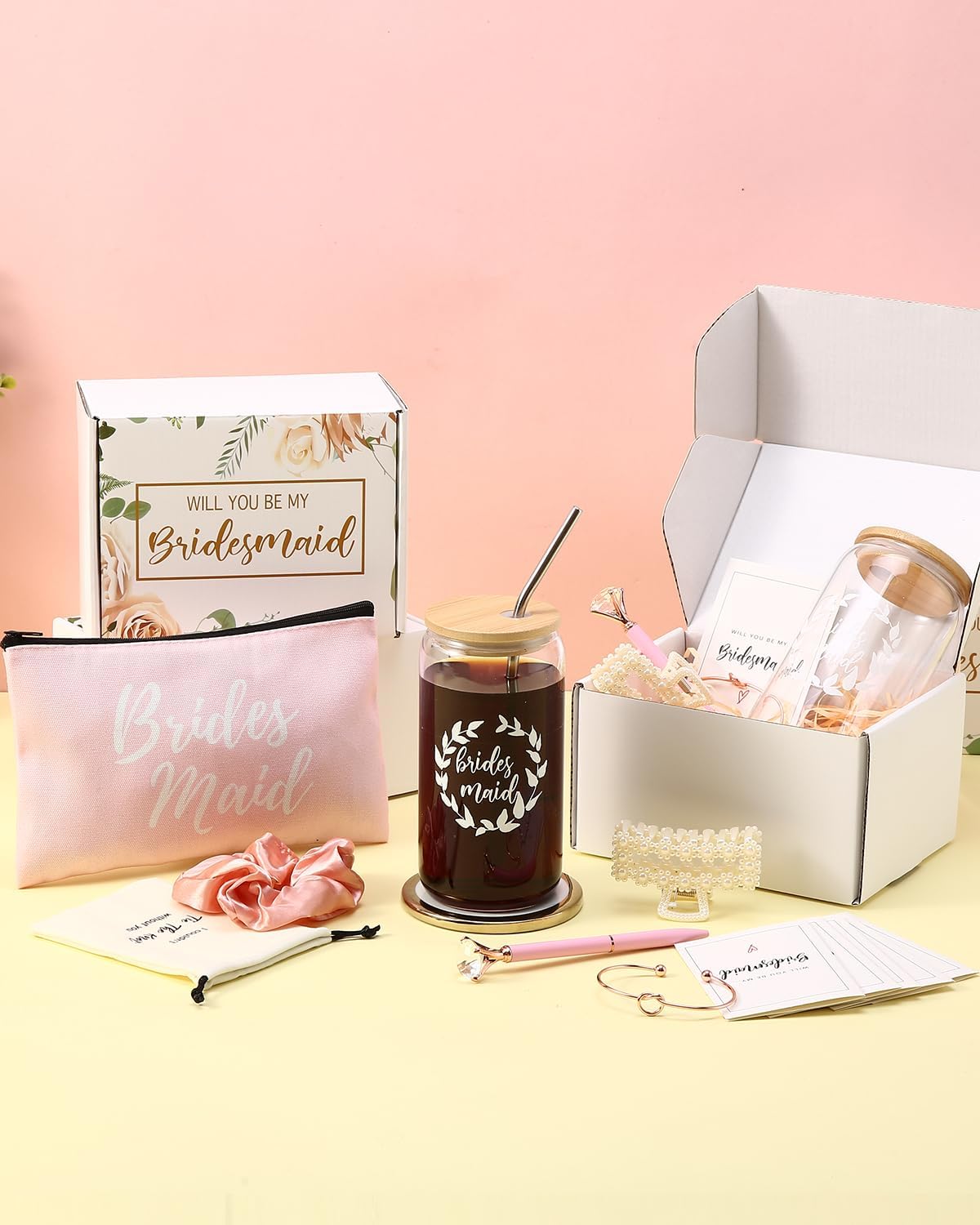 DHQH 48Pcs Bridesmaid Proposal Gifts, Bridal Shower Gifts Set Include 16 Oz Ice Coffee Cups Makeup Bags, Will You Be My Bridesmaid Maid of Honor Gift (Pink) - Image 6