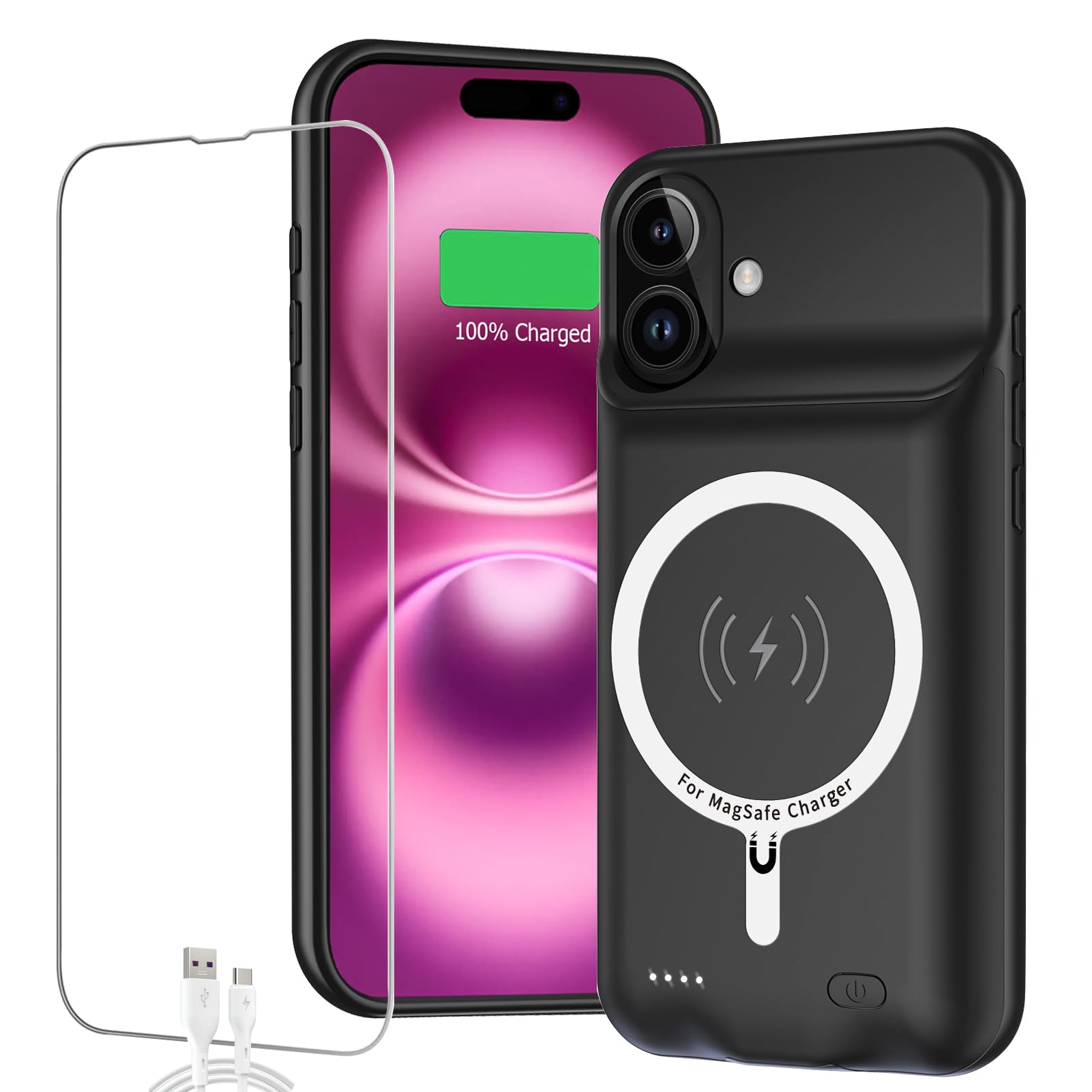 Battery Case for iPhone 16,Full Encircle 10000mAh High Capacity Rechargeable Portable Charger Case Extended Battery Pack Compatible with iPhone 16 (6.1 inch) Wireless Charging Cover with Carplay-Black