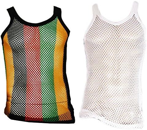 100% Cotton Rasta String Vest Mesh Fishnet Fitted Striped Black Red Green Yellow Colours