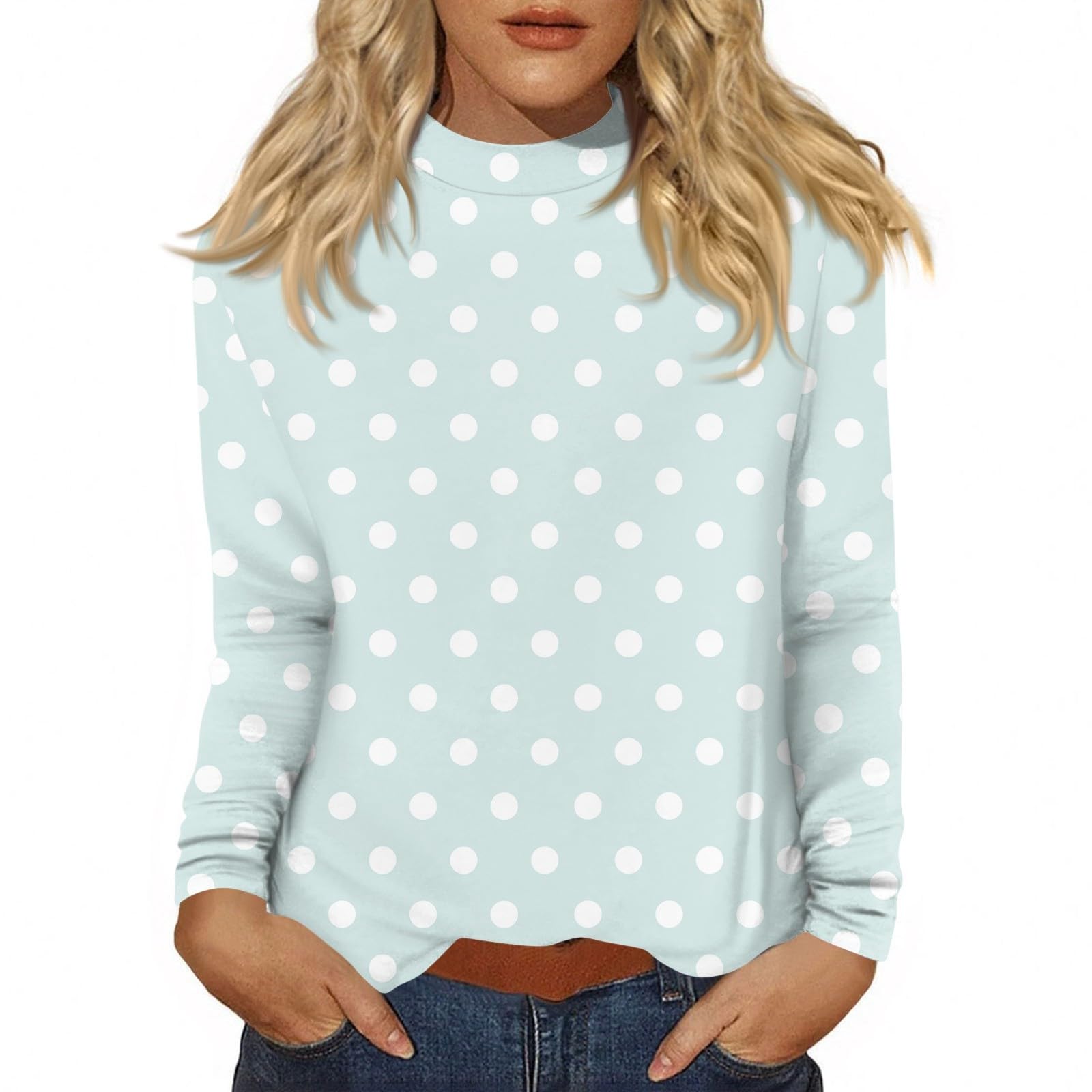 Womens Fall Tops Casual Mock Neck Long Sleeve Tops Cute Polka Dot Graphic Dressy Blouses Undershirt for Women