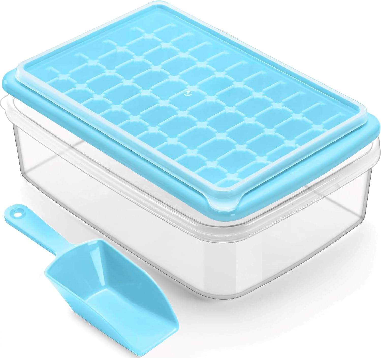 ARTLEO Ice Cube Tray with Lid and Bin for Freezer, Easy Release 55 Trapezium Ice Cube Tray with Cover, Storage Container, Scoop, Flexible Durable Plastic Nugget Ice Cube Mold & Bucket, BPA Free