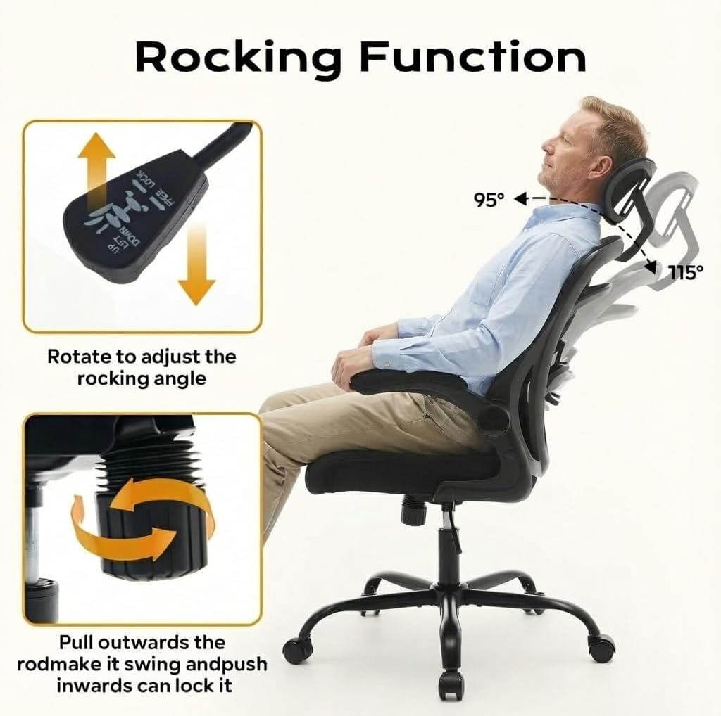 Ergonomic Office Chair,Computer Desk Chair Comfy with Flip-Up Armrests,Comfortable Lumbar Support Gaming Chairs for Bedroom,Study,Student,Wide Seat,Black