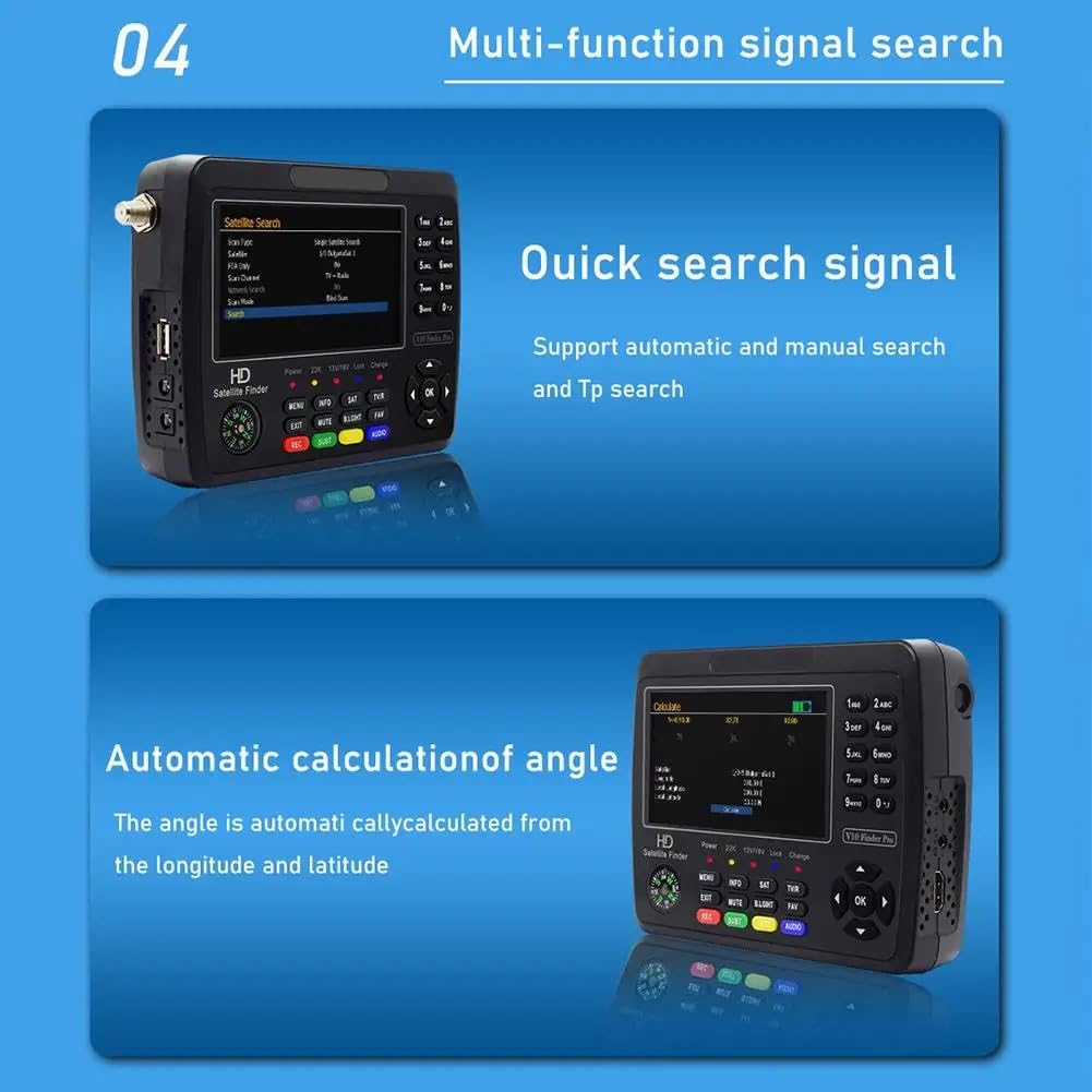 V10 Finder Max HD Rilevatore di segnale TV satellitare Misuratore di segnale DVB-S/S2/S2X Rilevatore di segnale satellitare H.265 Decodifica a 10 bit 1080P HD,Multifunzionale